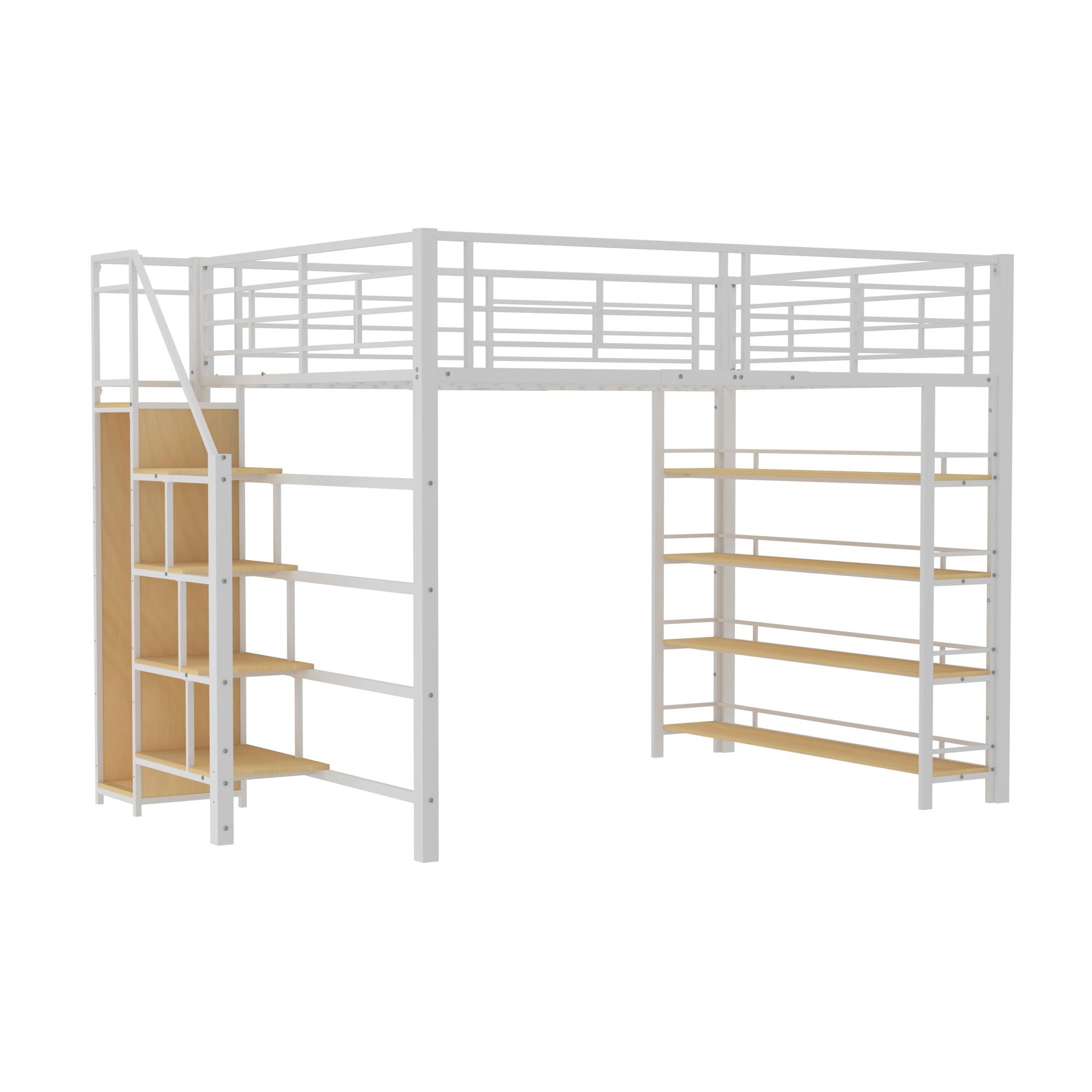 Loft Bed, 140*200 with Stairs, Storage, Wardrobe, Shelves, White