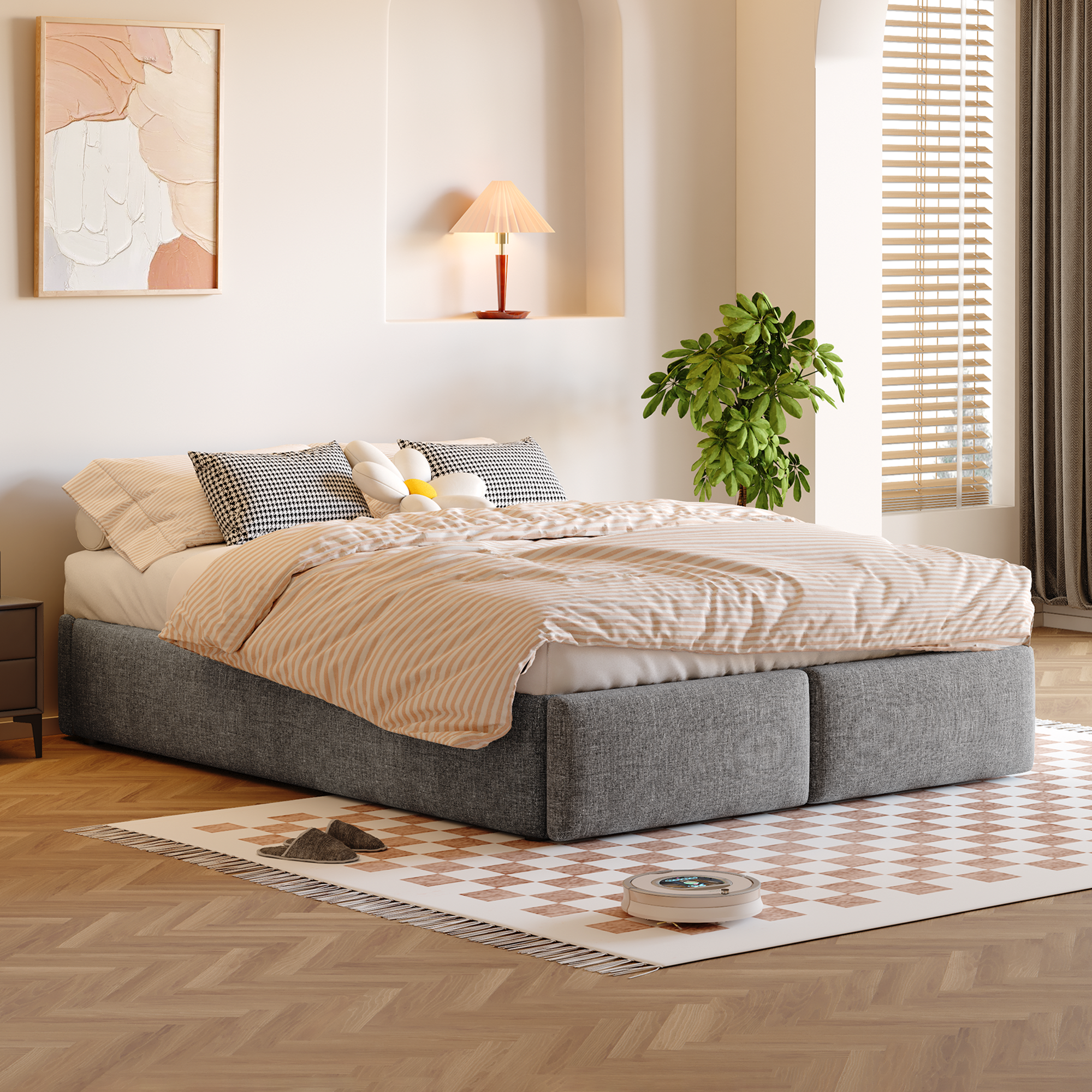 Upholstered Bed 140x200cm Hydraulic Storage 2 Drawers No Headboard - Grey