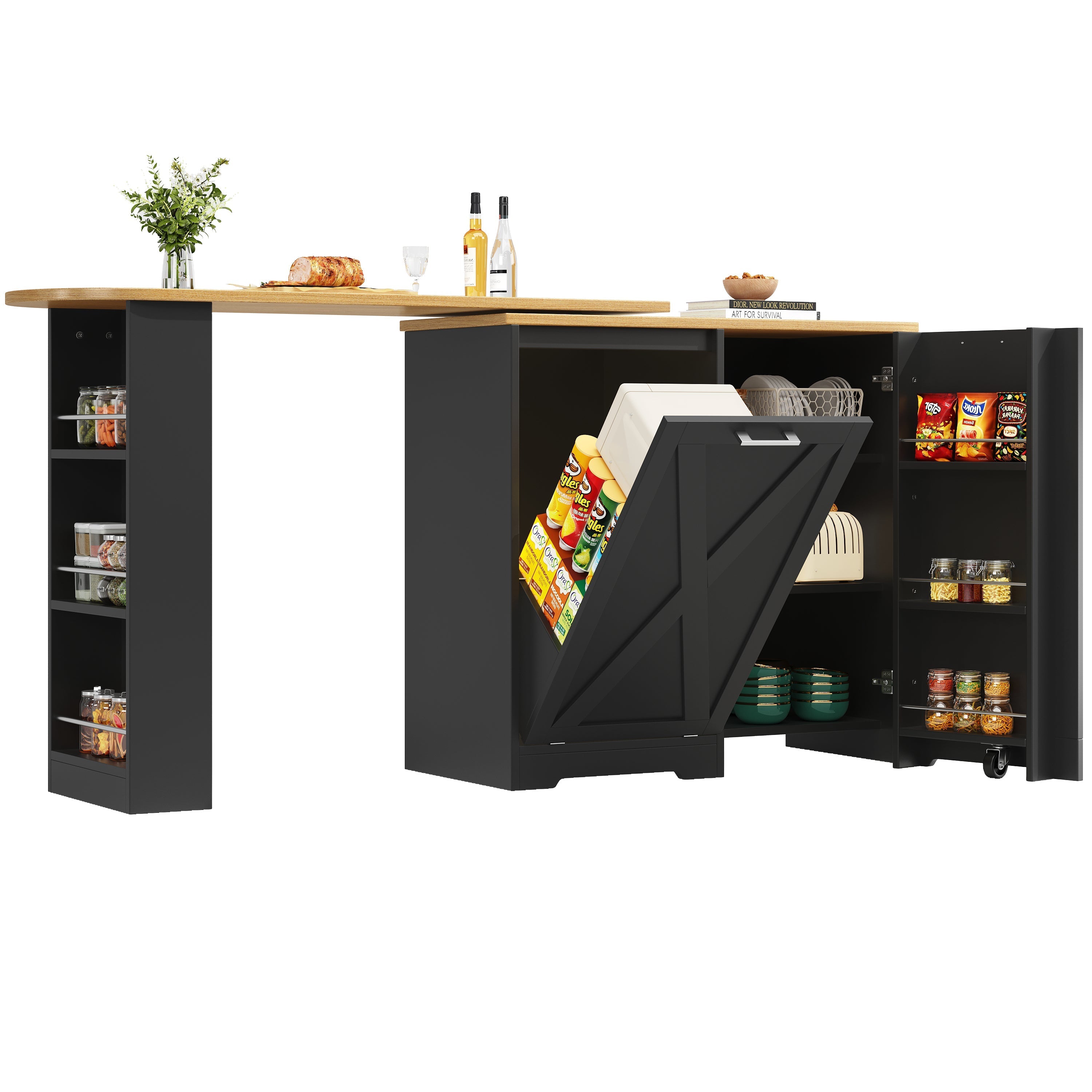 360° Rotating Breakfast Bar with Multifunctional Storage and Side Shelves, Black