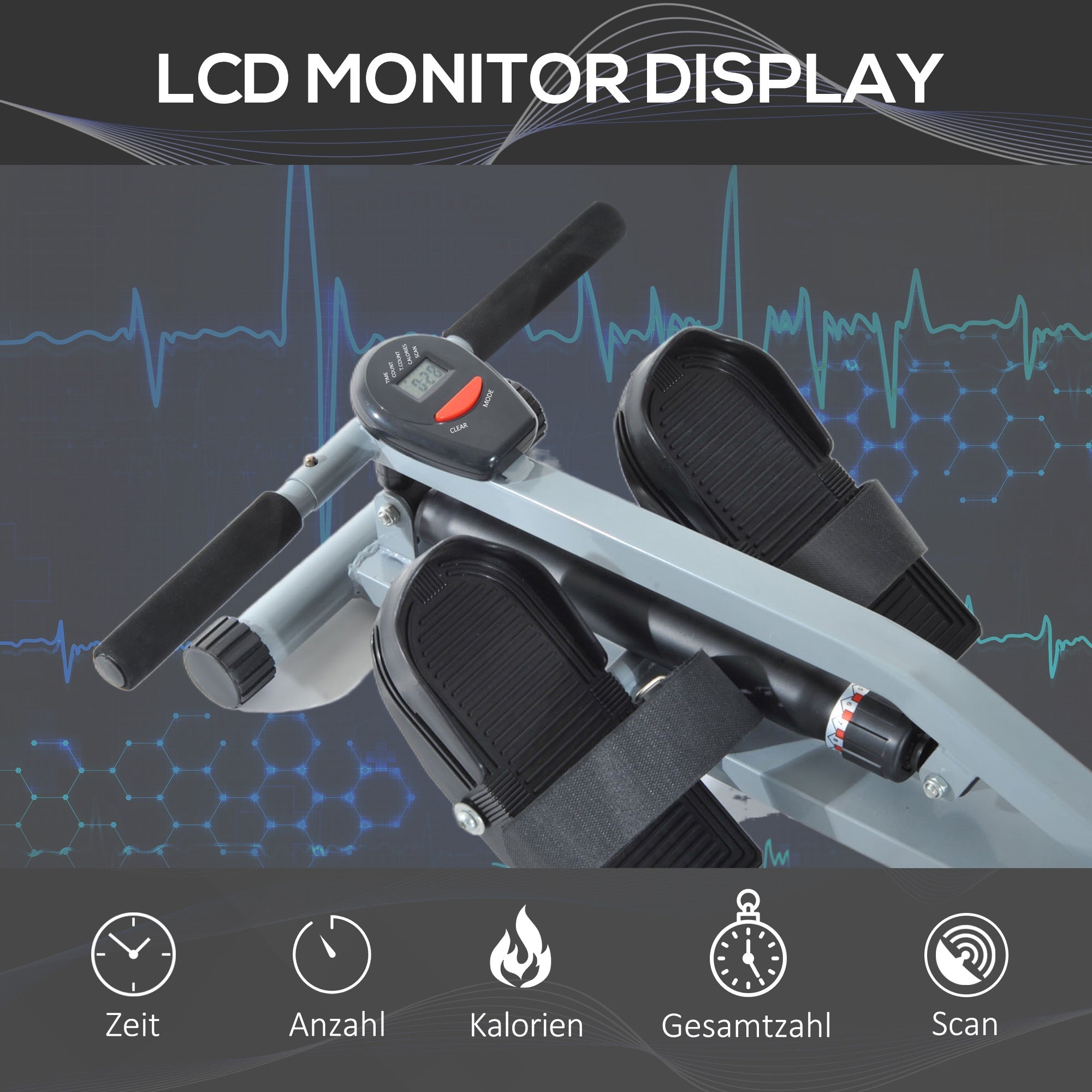 Rowing Machine, LCD Display, Steel+PVC, Gray