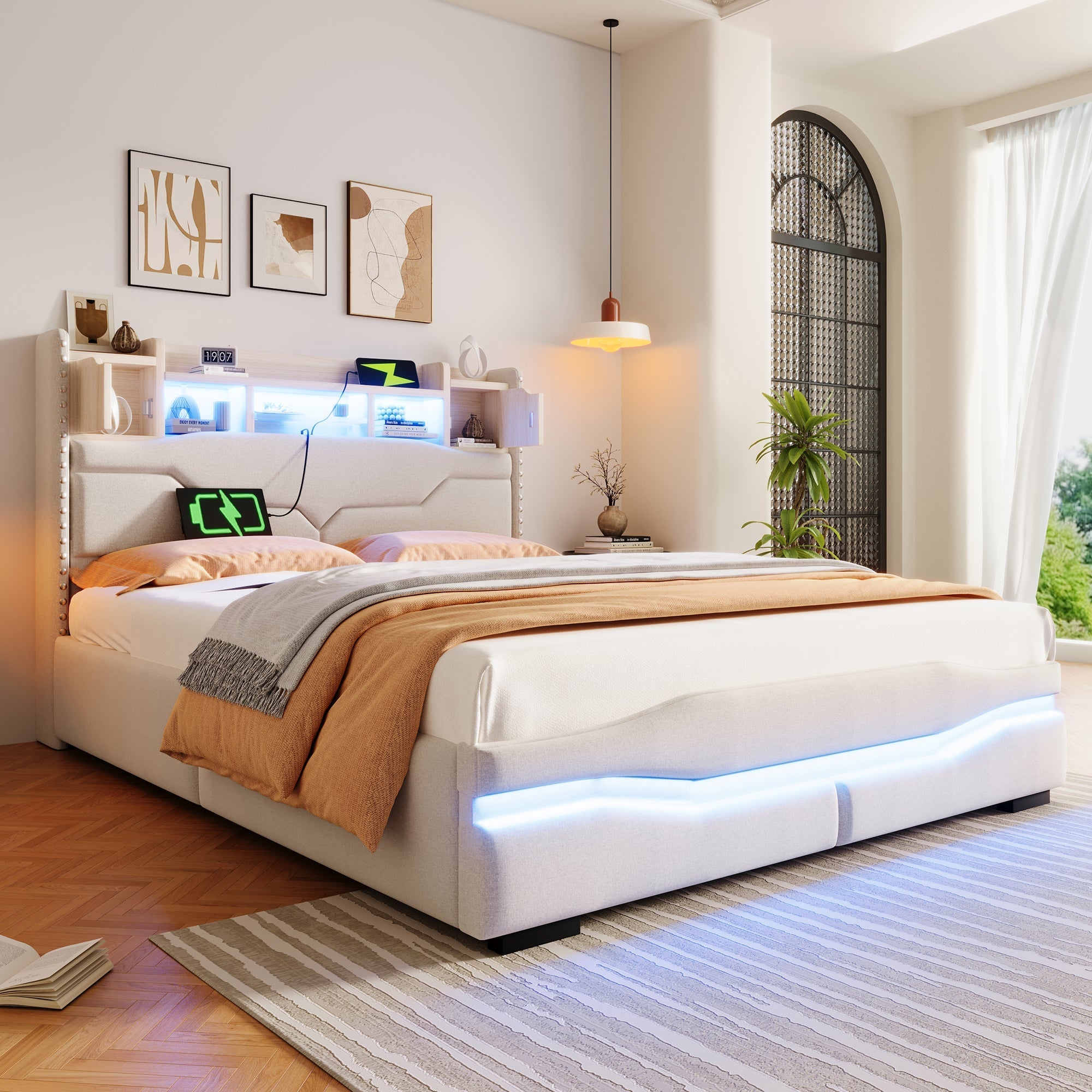 Upholstered Bed 140x200cm Hydraulic Storage USB-C LED Headboard Compartment Beige