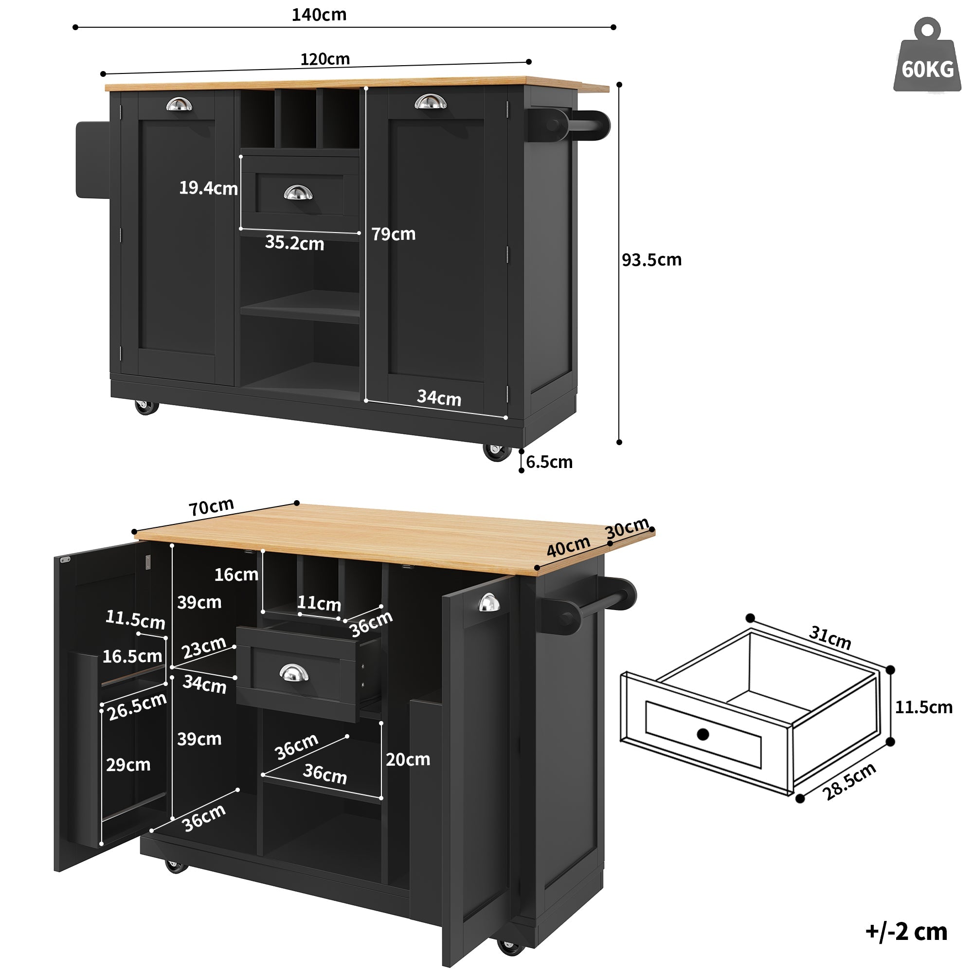 Kitchen Island Dining Trolley with Wine Rack and Casters, Black Wood Grain