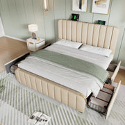Upholstered Bed with Padded Headboard, USB Type-C, 4 Drawers, 140x200cm, Beige Linen
