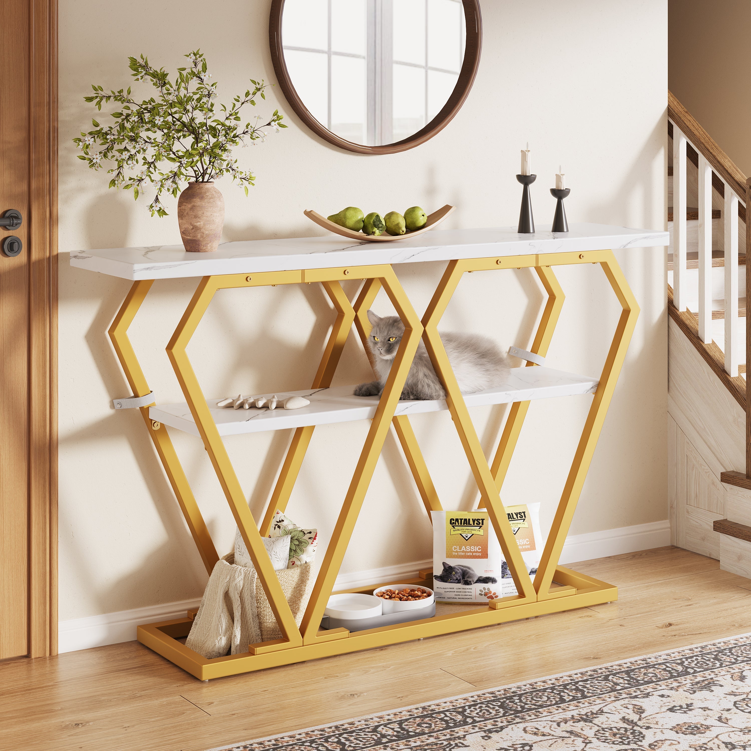 Console Table with Integrated Storage and Metal Legs, White Marble Look