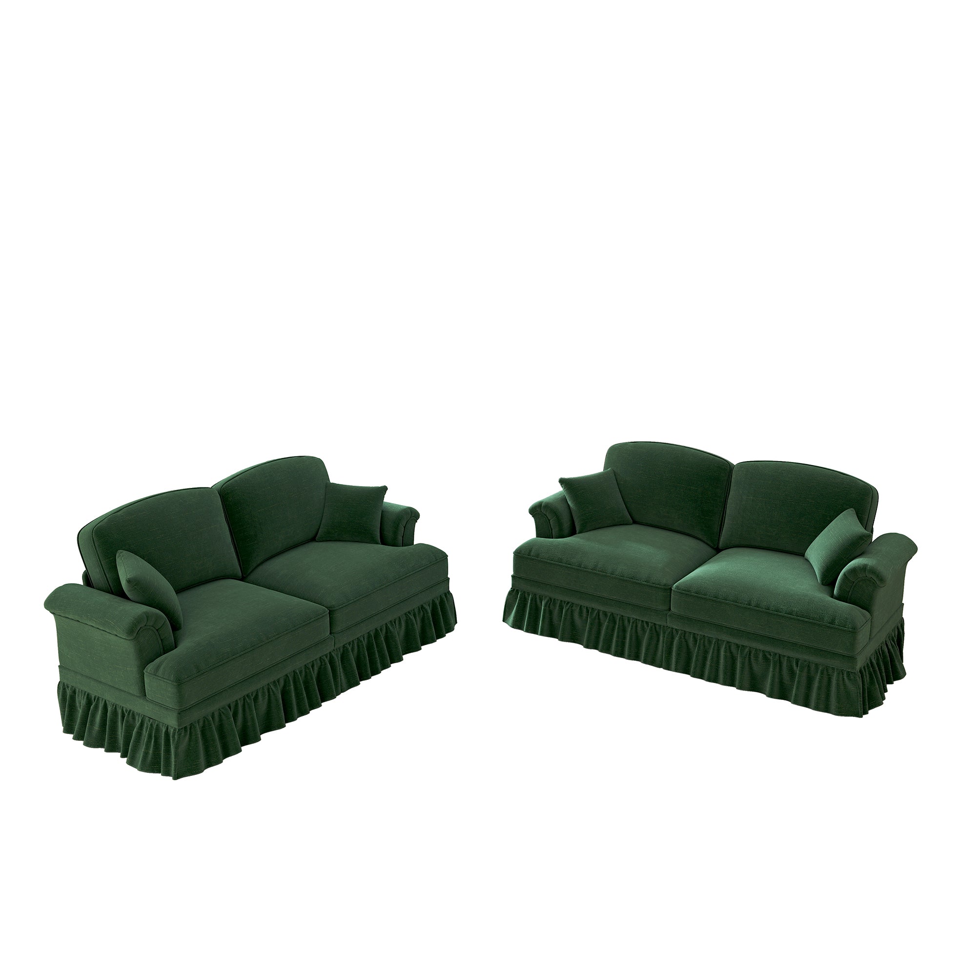 L-Shaped Sofa Mid-Century 2-Seater Movable Ottoman - Green Chenille