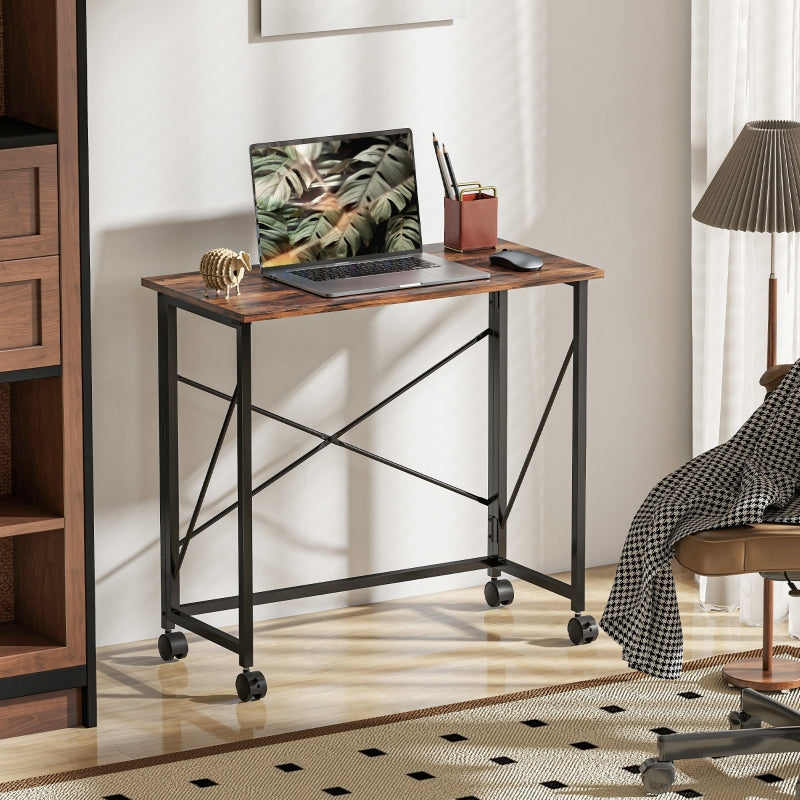 Folding Desk 80 cm on Wheels - Rustic Brown