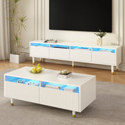 LED Furniture Set, 4-Door TV Stand & Coffee Table with 2 Drawers, White Gold Design
