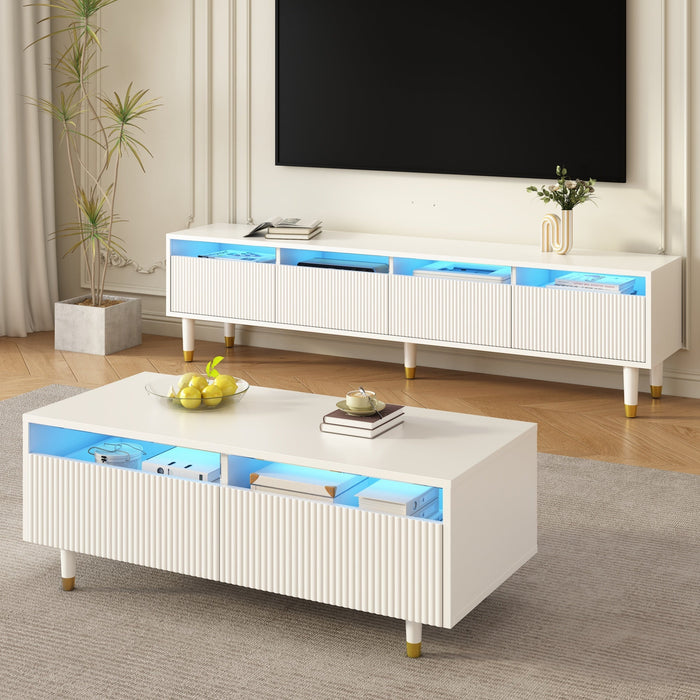 LED Furniture Set, 4-Door TV Stand & Coffee Table with 2 Drawers, White Gold Design