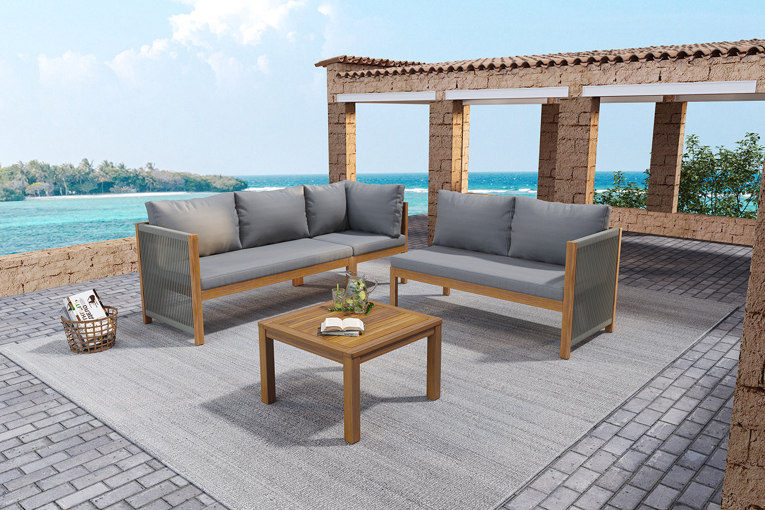 Garden Furniture Set with Corner Sofa and Acacia Wood Coffee Table, Grey