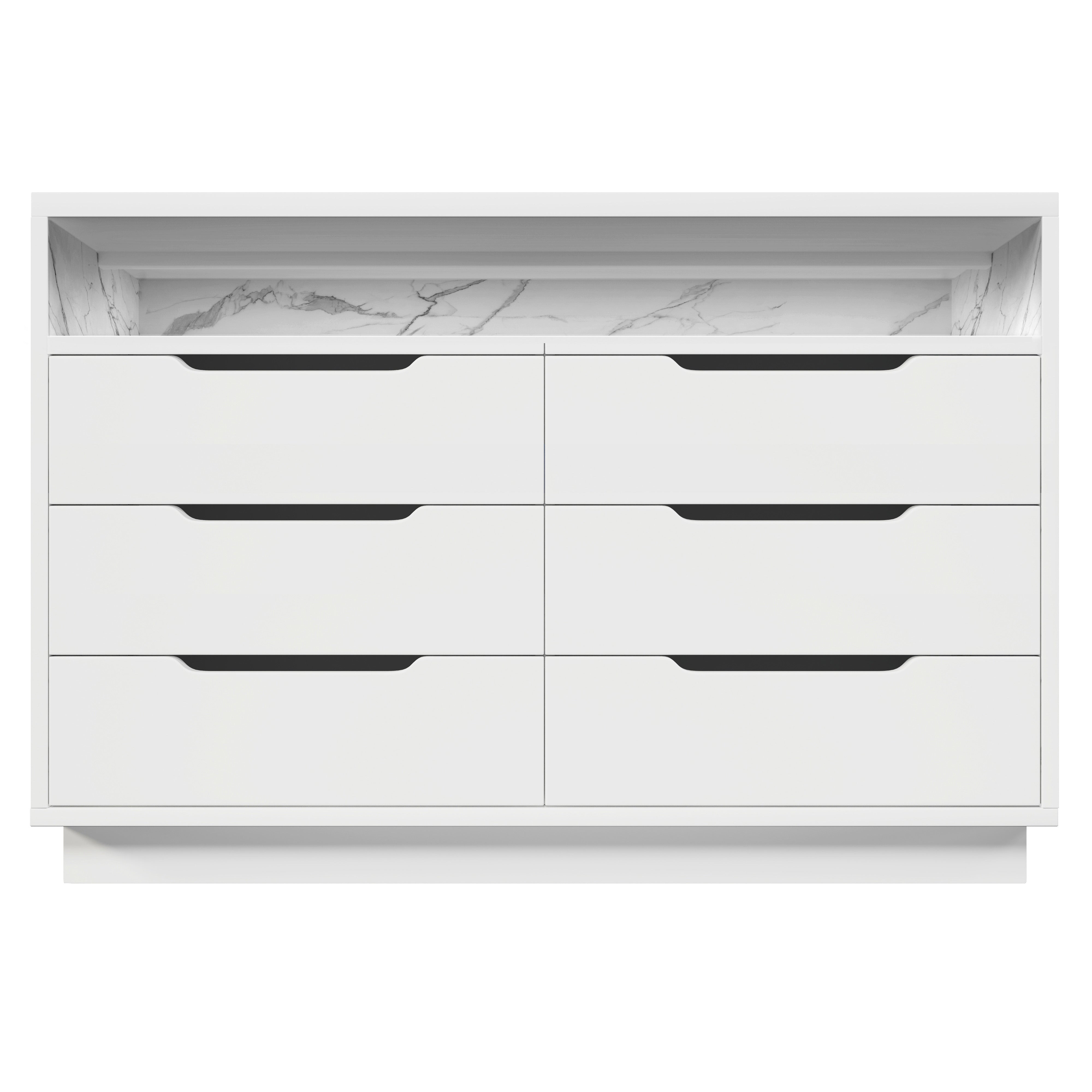 Sideboard Chest of Drawers LED 6 Drawers Marble Storage, White