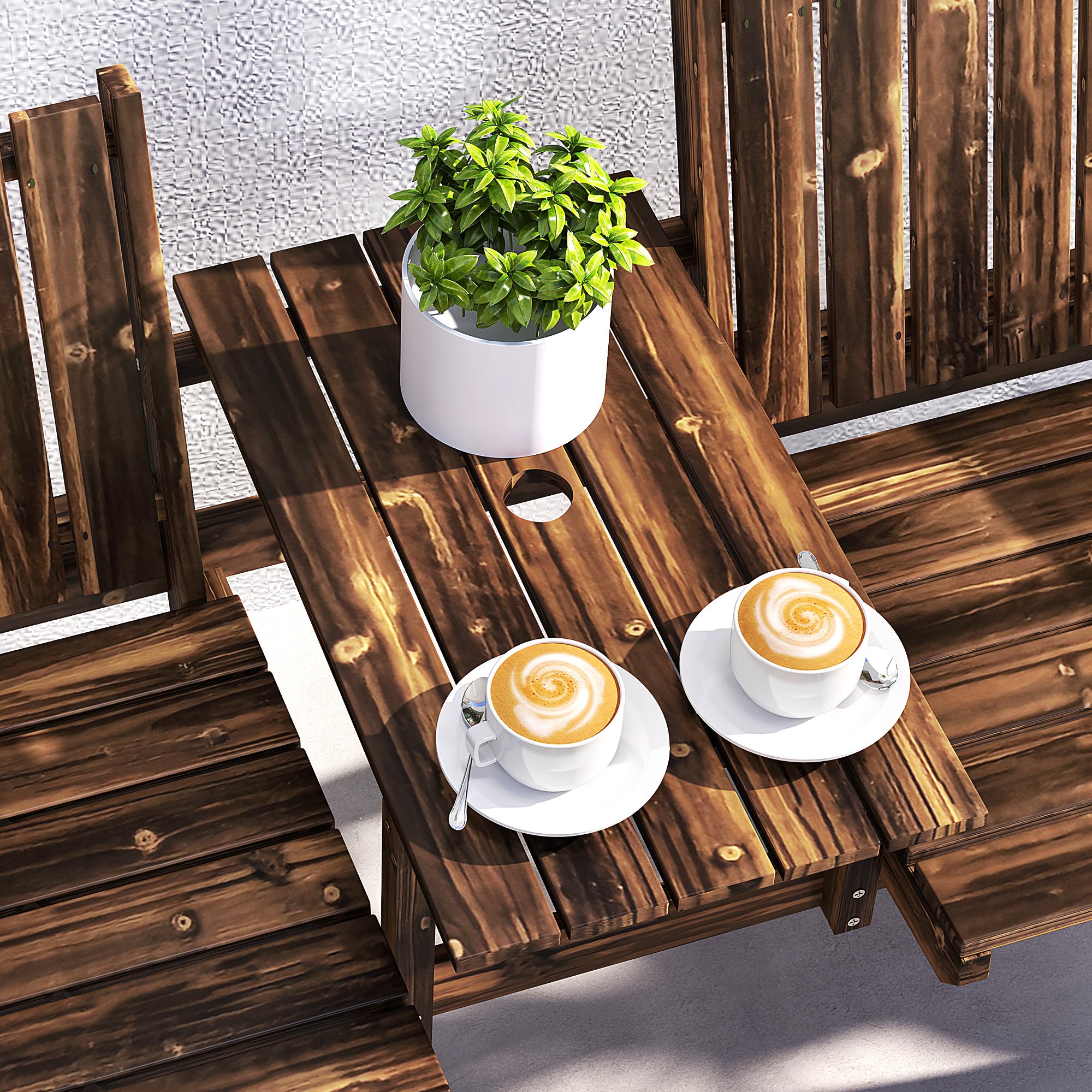 2-Seater Garden Bench with Table & Parasol Hole Wood Carbonised Finish