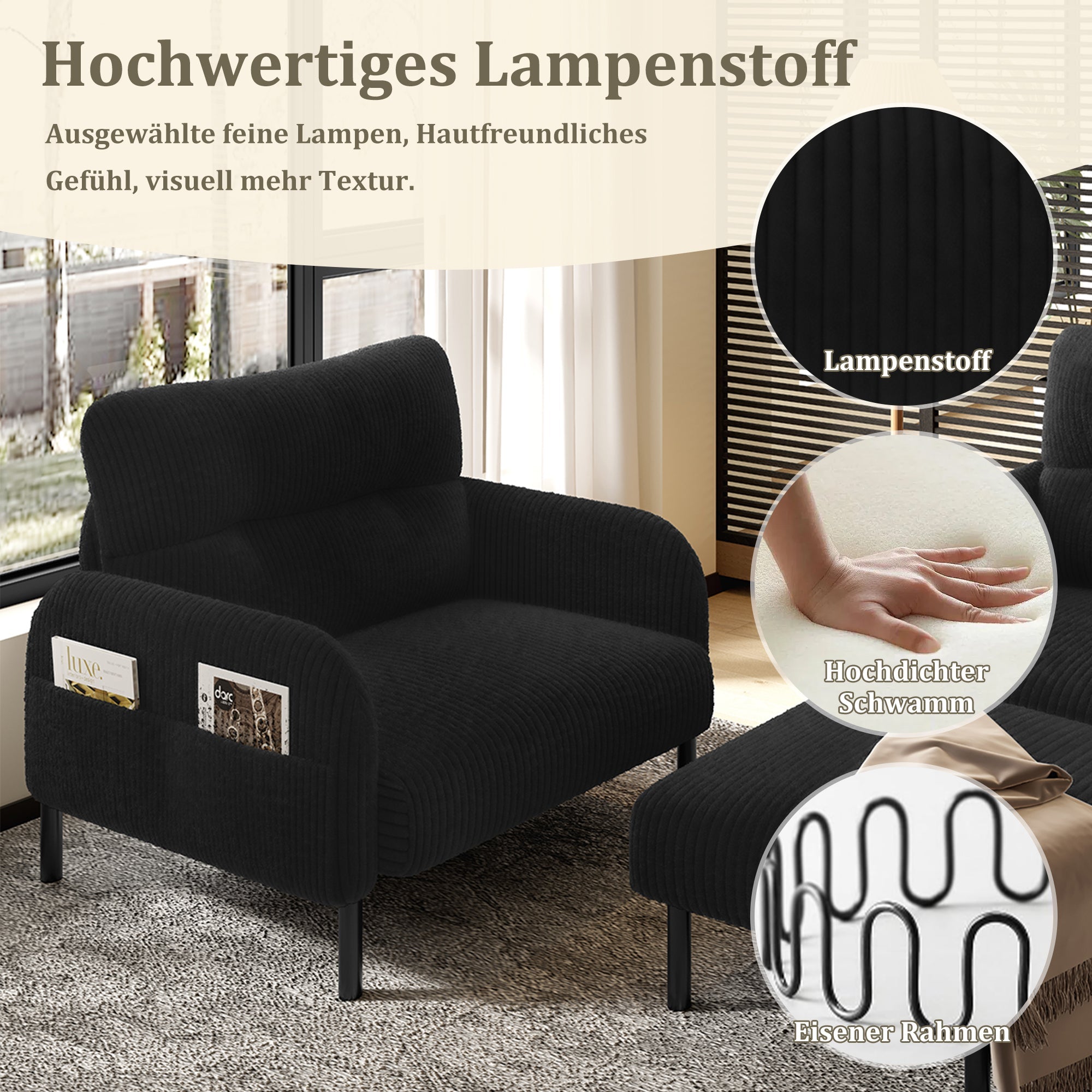 Cord 3-Piece Modular Sofa Set, Deep Seat Comfort Side Pocket, Black