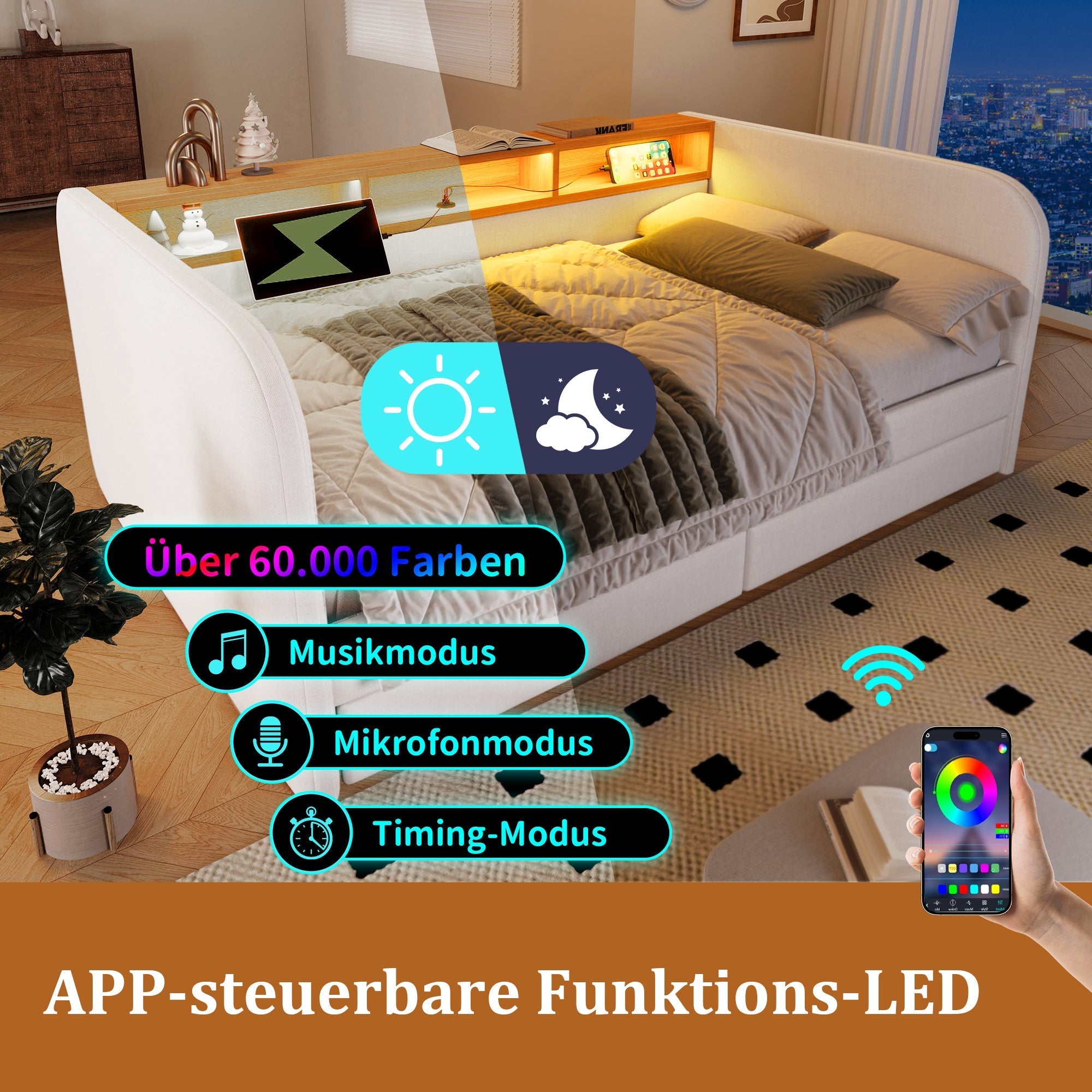 Daybed, 140x190 cm Upholstered Sofa Bed with LED, USB-C, Drawers & Storage Headboard, Light Beige Linen
