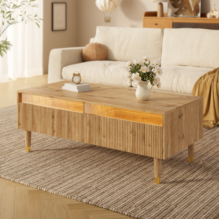 LED coffee table with wavy drawer top, two drawers, gold-wood