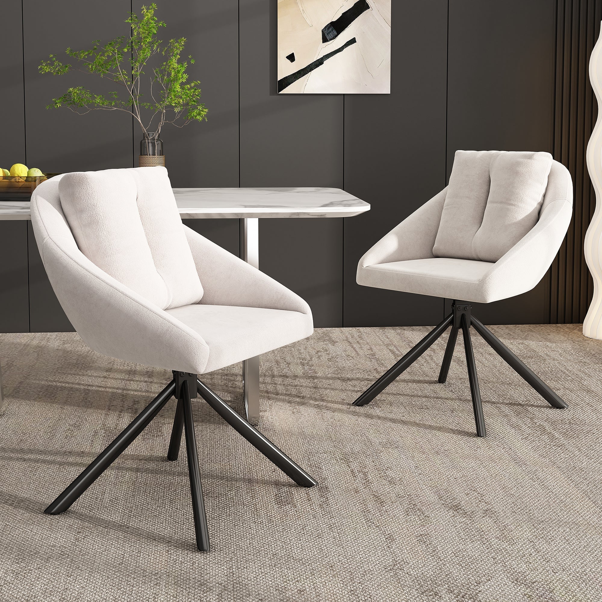 Swivel Dining Chair Set of 6 with Ergonomic Design and Breathable Fabric, Beige Velvet