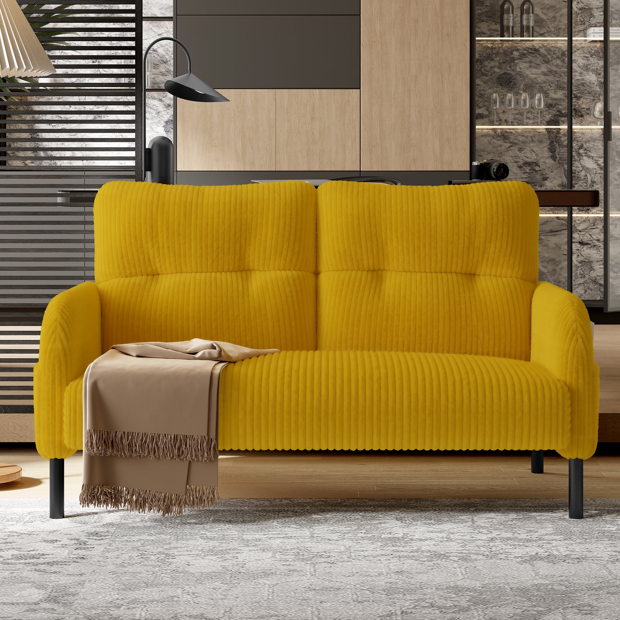 Corduroy Two-Seater Sofa Comfort Padding High Backrest Side Pockets Metal Feet, Corduroy Fabric