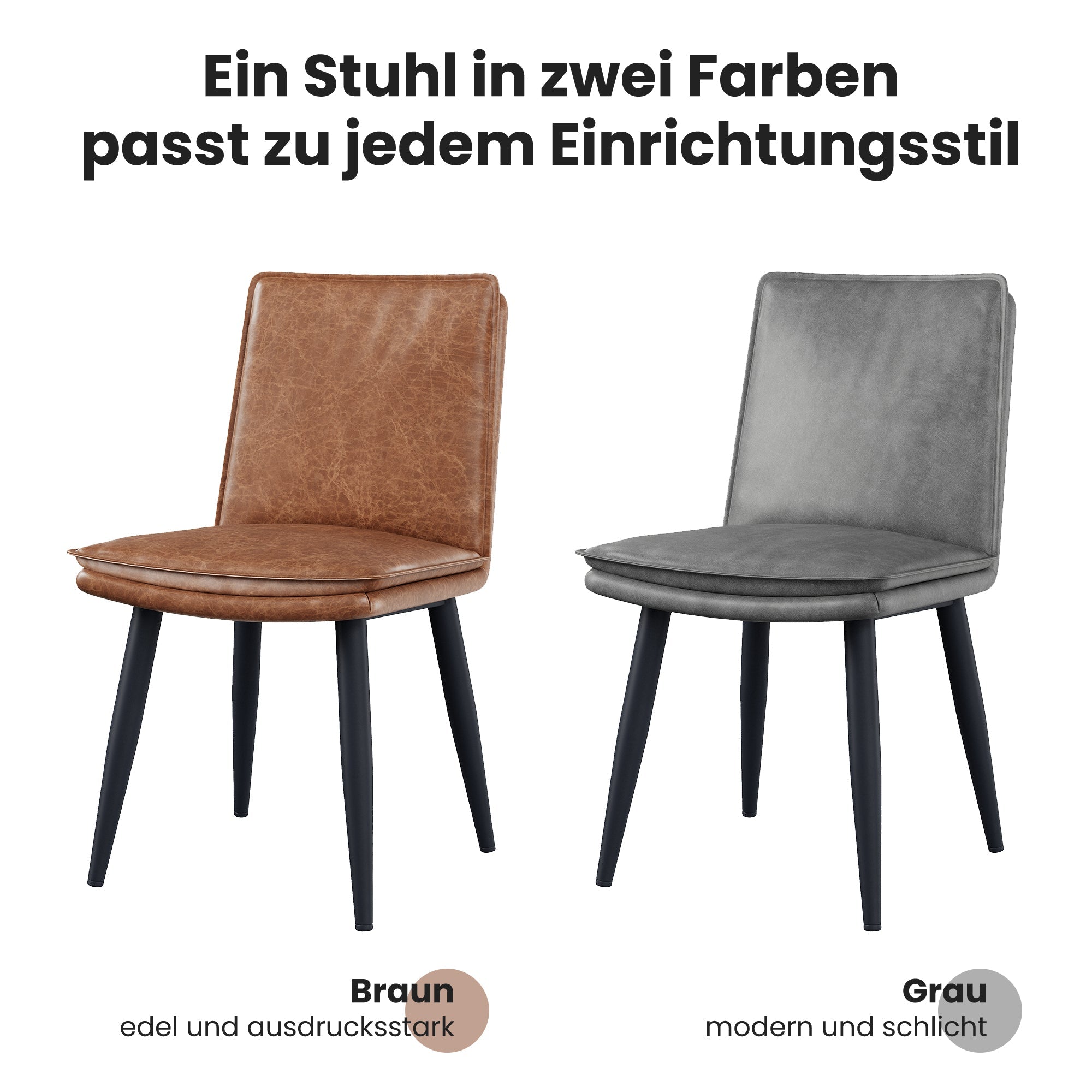 2 Dining Chairs PU Leather Double Cushion Modern - Brown