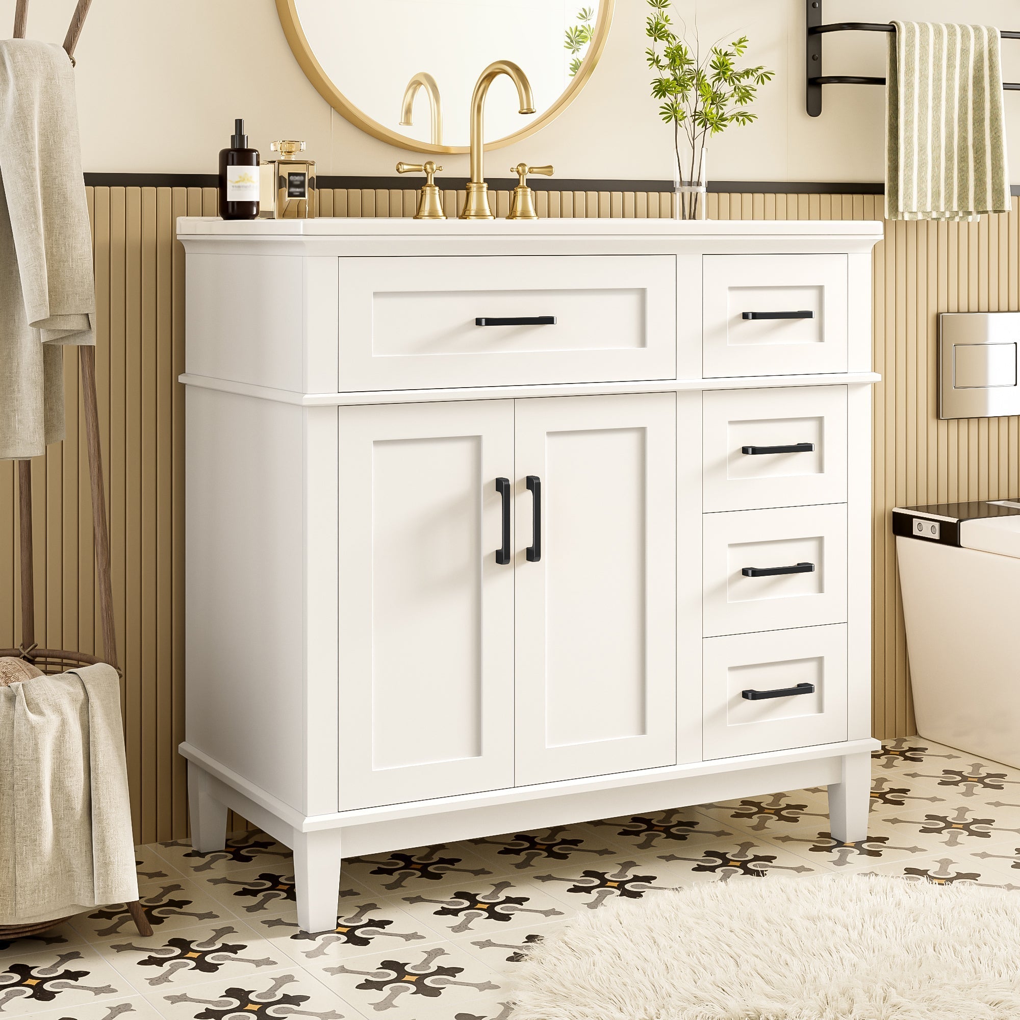 Bathroom Vanity Unit with Ceramic Sink and Soft-Close Drawers, White and Black