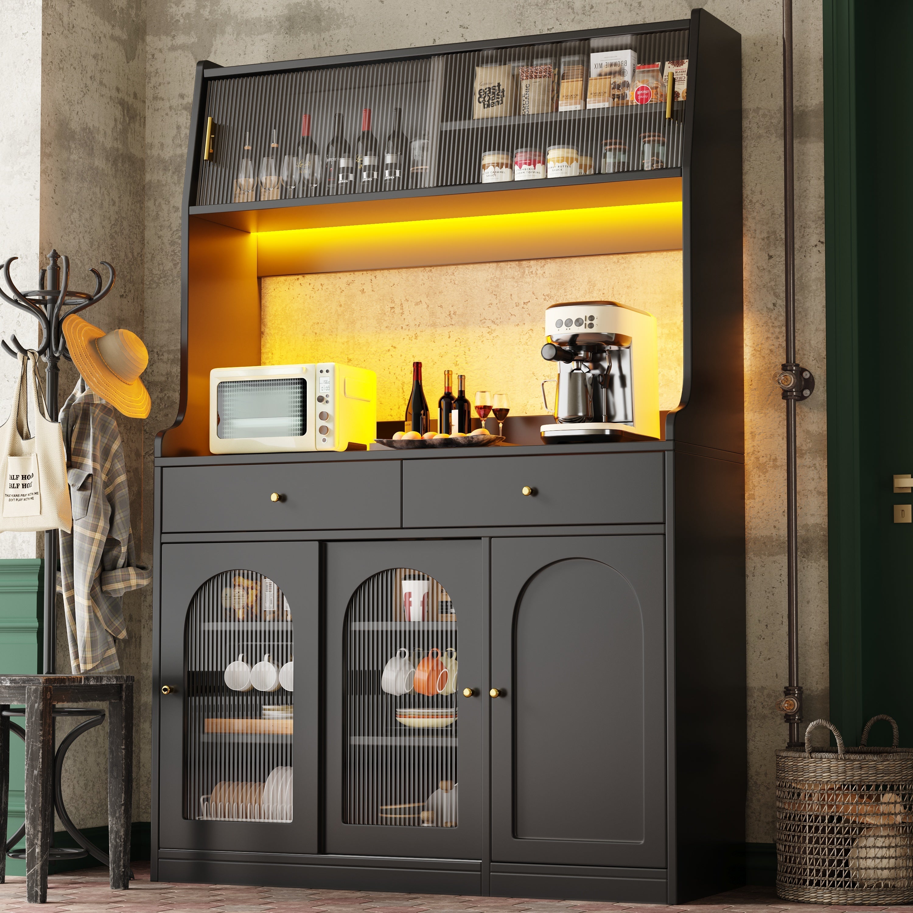 Tall Cabinet Sideboard with LED Adjustable Shelves & 2 Drawers - Black