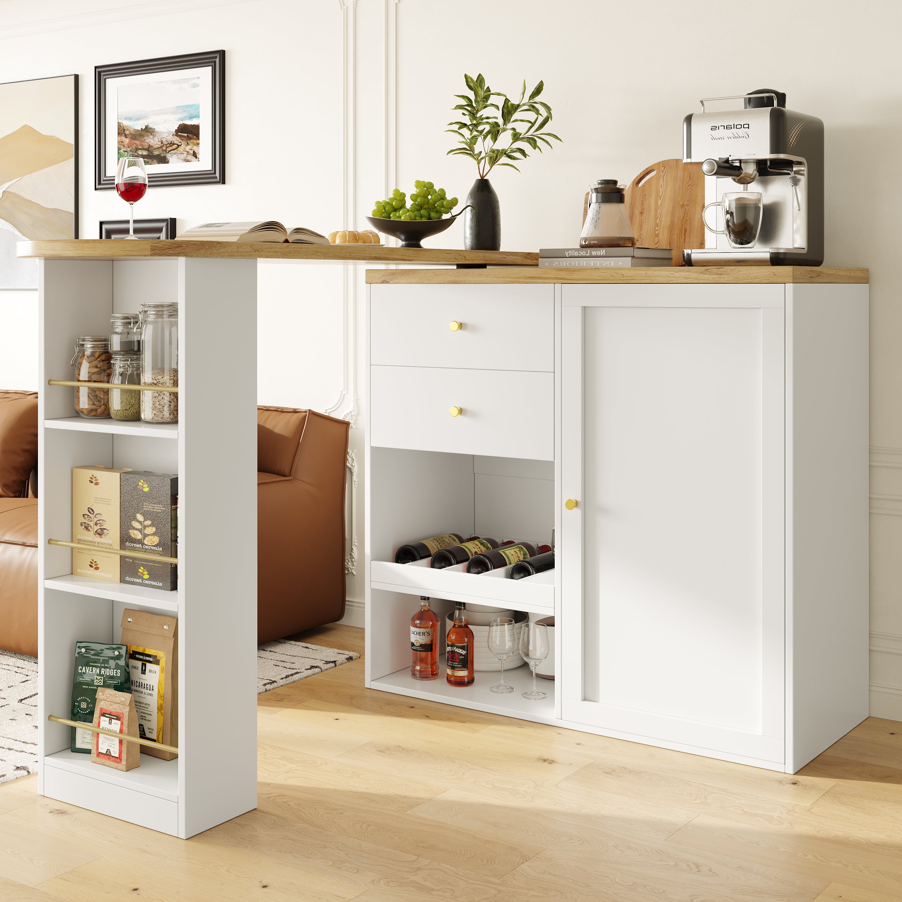 Rotating Bar Table 2 Drawers Sliding Cabinet Open Storage