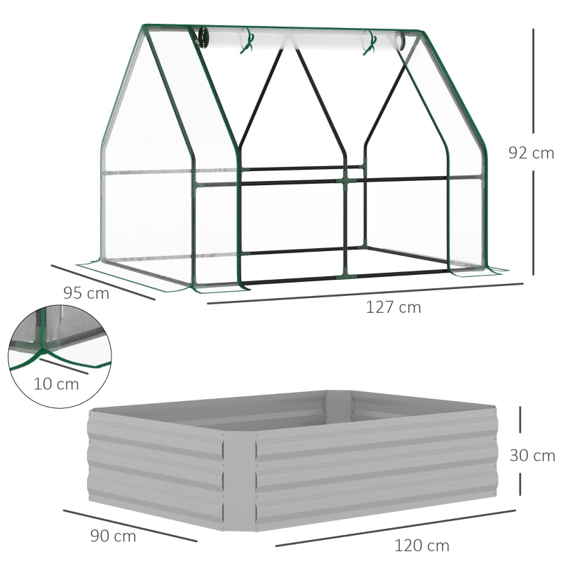 Raised Garden Bed with Greenhouse, Steel Planter Box Roll Up Window Dual Use, Clear