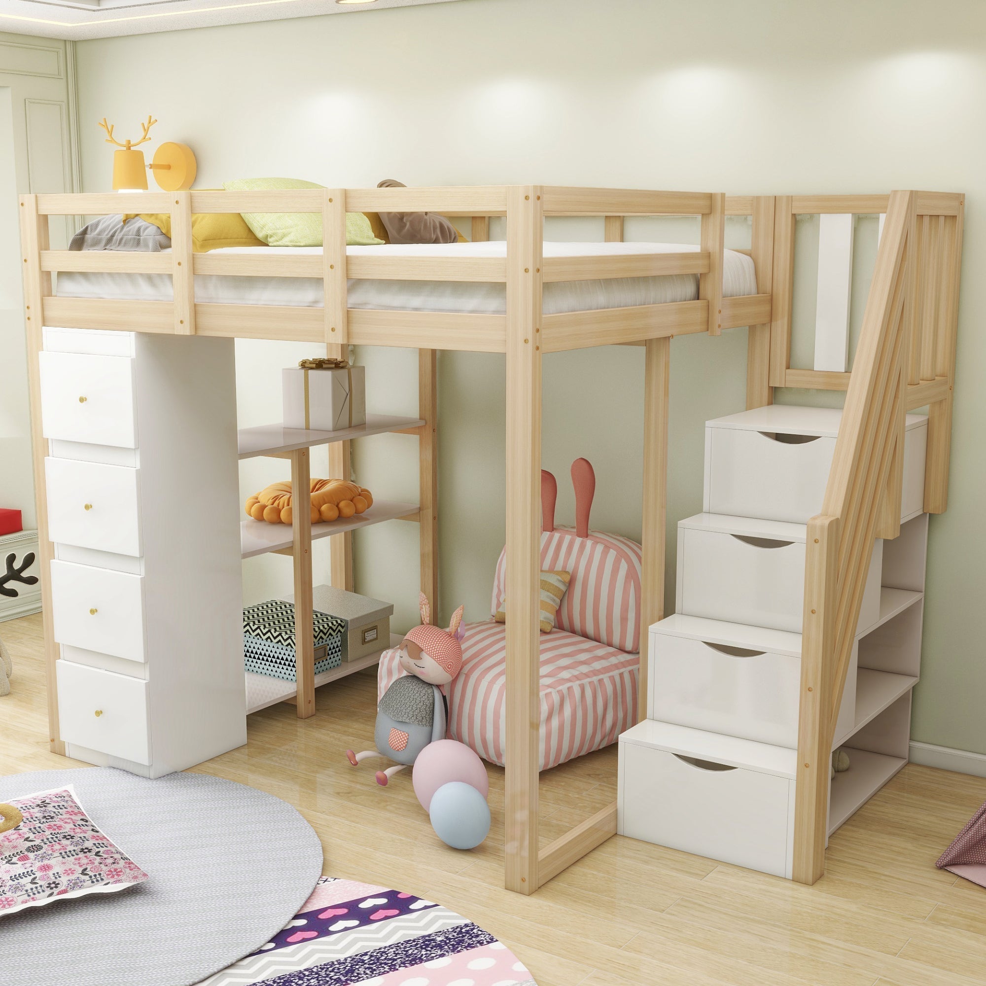 Loft Bed with 4 Drawers and Storage Stairs, 140x200 cm, White and Natural Wood