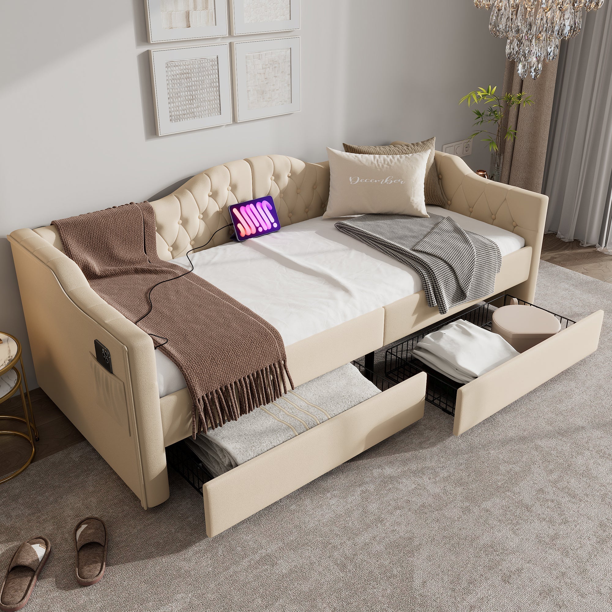Upholstered Bed, Daybed Sofa Bed with USB C & 2 Drawers, 90x200cm Beige Velvet