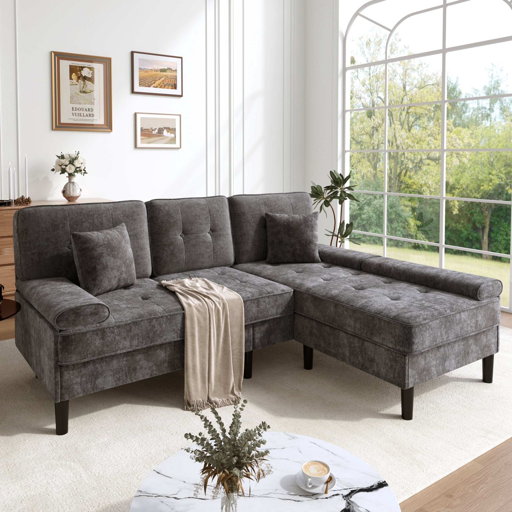 L-Shaped Corner Sofa with Sleeping Function and Movable Footrest, Chenille