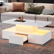 Coffee Table Two-Tier LED Light Storage Drawer High-Gloss White