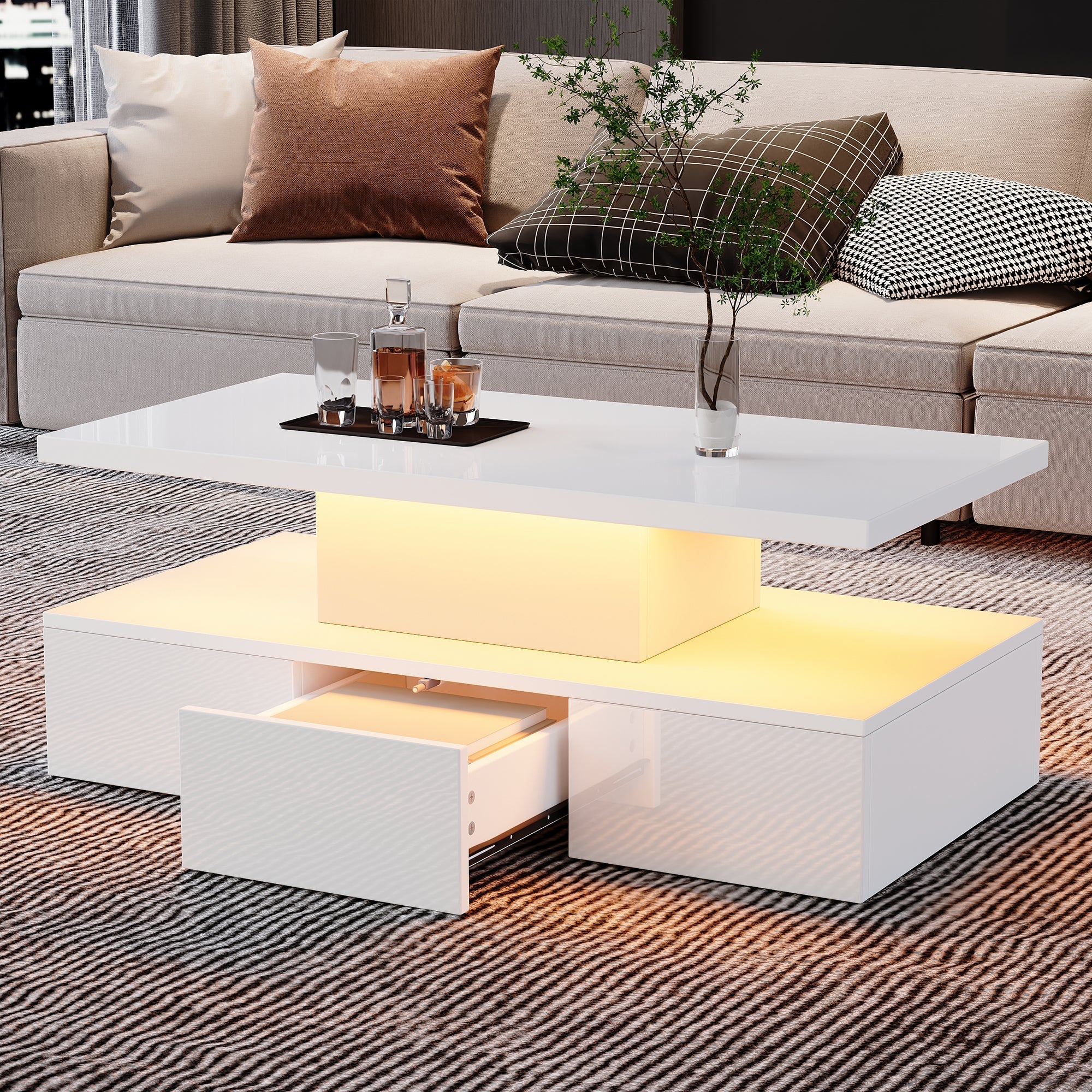 Coffee Table Two-Tier LED Light Storage Drawer High-Gloss White