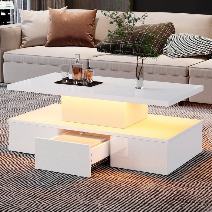 Coffee Table Two-Tier LED Light Storage Drawer High-Gloss White