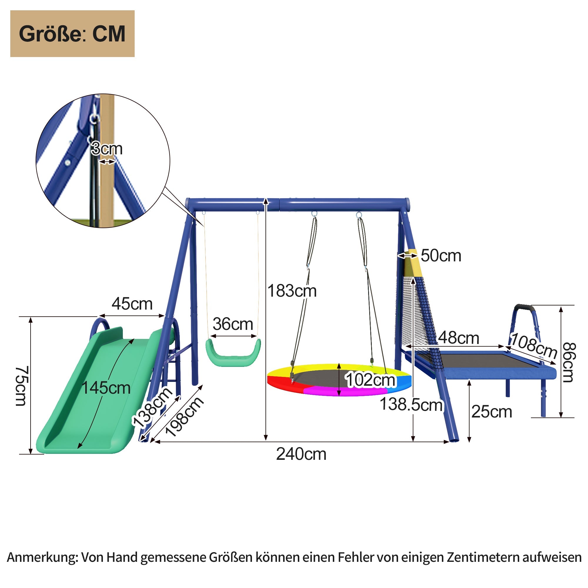 Multifunctional outdoor swing set with slide, trampoline, round nest swing, and plastic swing, safe and durable