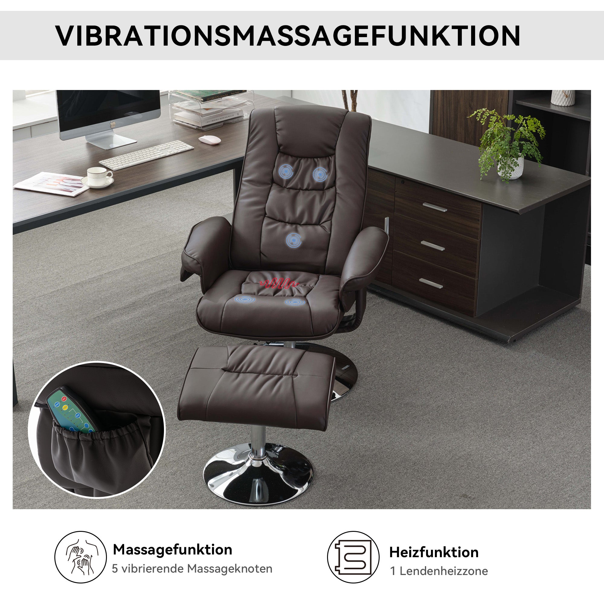 Massage Chair with 5-Point Massager, Ottoman, PU Upholstery, Brown