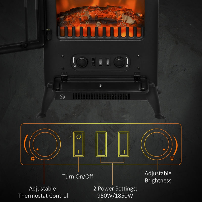 Freestanding Electric Fireplace Heater Log Flame Effect 950/1850W, Black