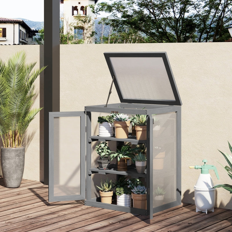 3-Tier Wood Greenhouse Cold Frame with Storage Shelf, Polycarbonate, Dark Grey