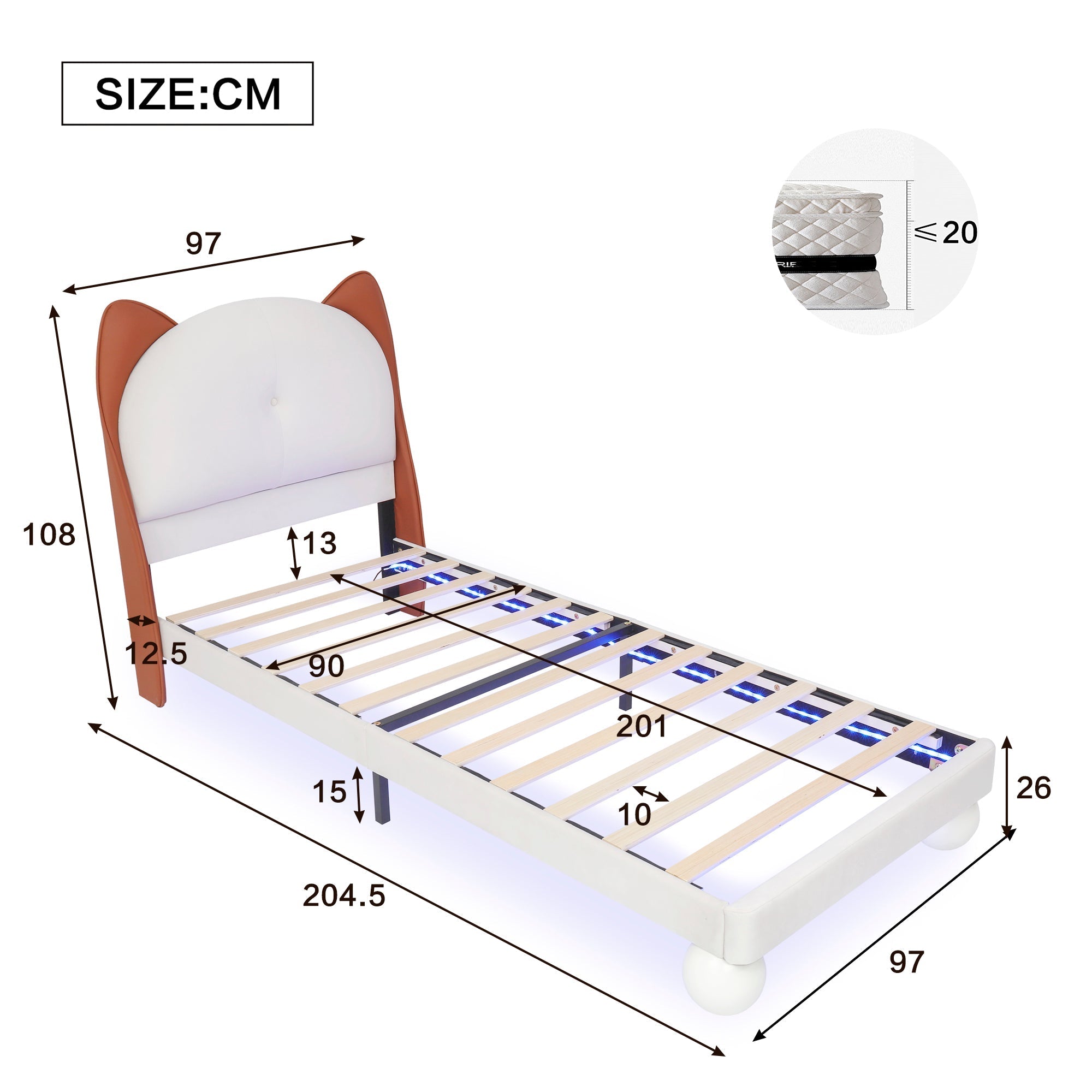 Upholstered Bed, Single/Children's, Cat-Ear Headboard, LED Light Strip, Beige + Yellow-Brown PU