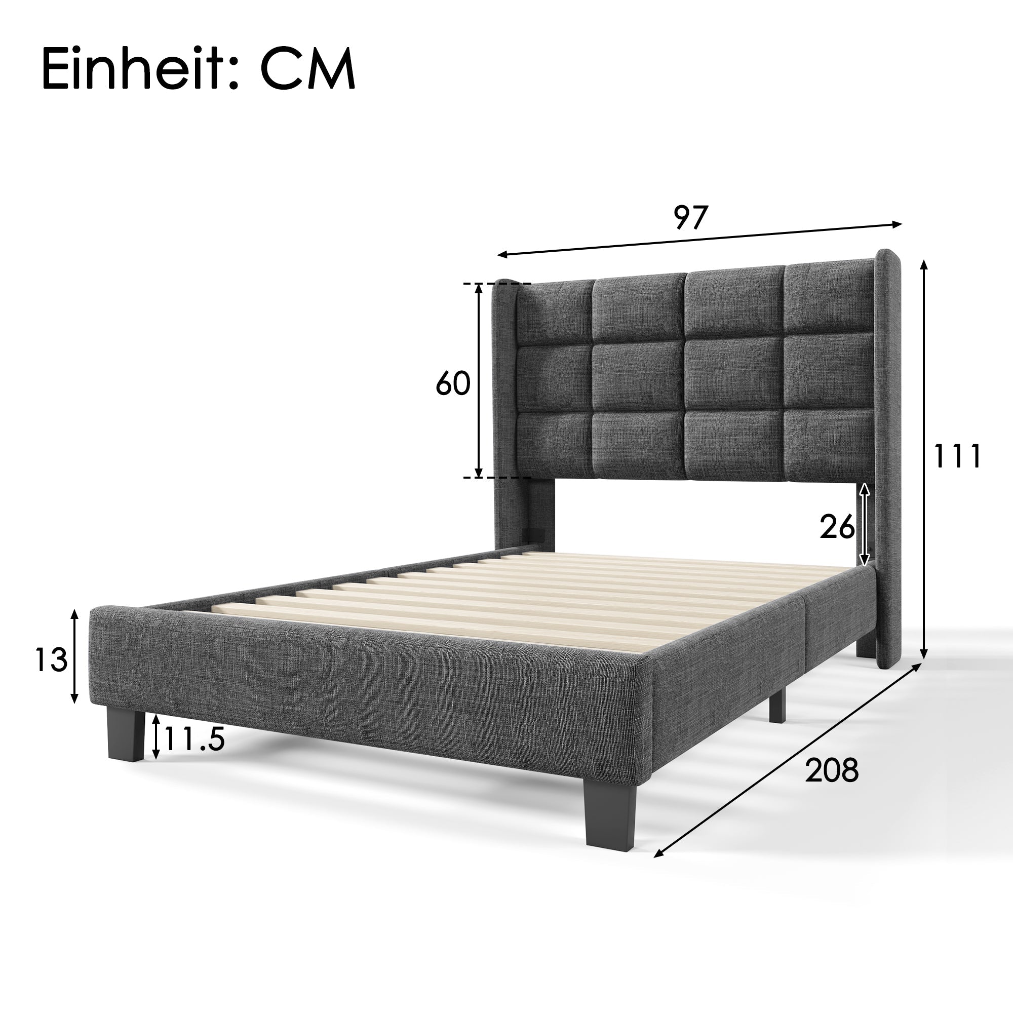 Upholstered Bed, Single with Headboard & Slatted Frame, Grey Linen