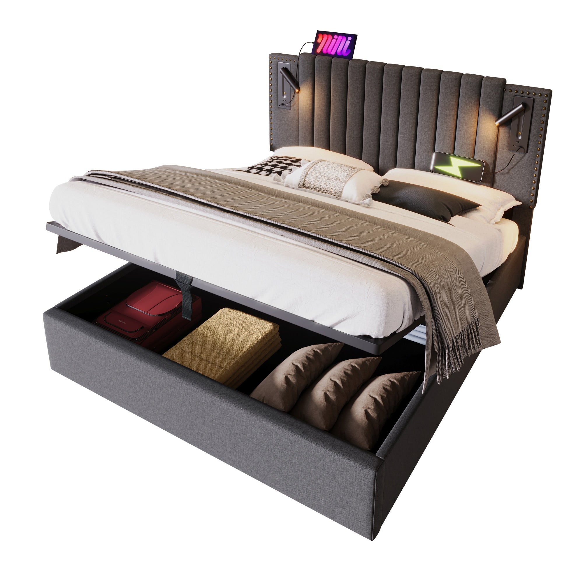 Upholstered Bed 180x200 Double Storage USB Reading Light Studded Headboard Cotton Grey