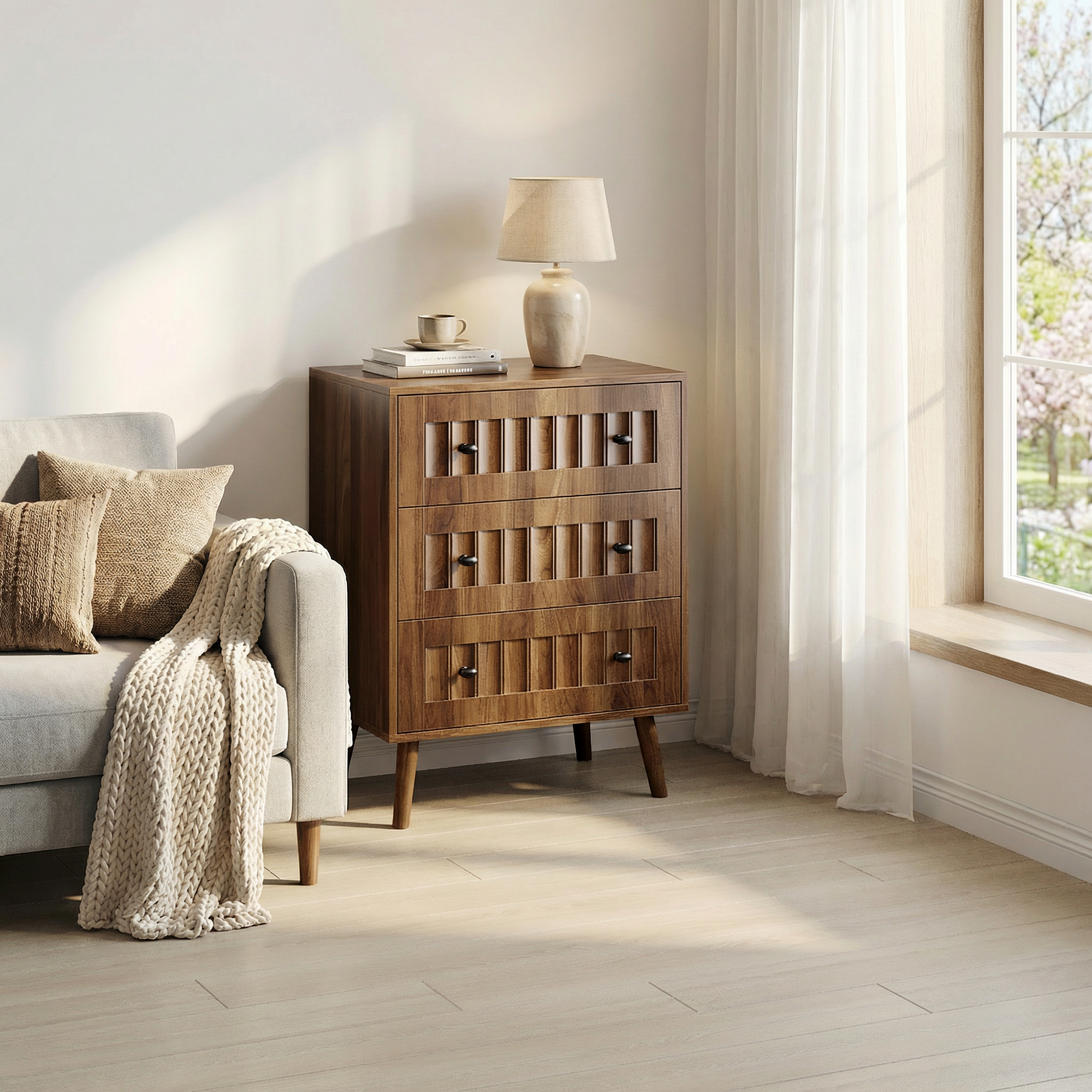 Chest of Drawers with 3 Drawers and Storage Cabinet, Walnut Wood