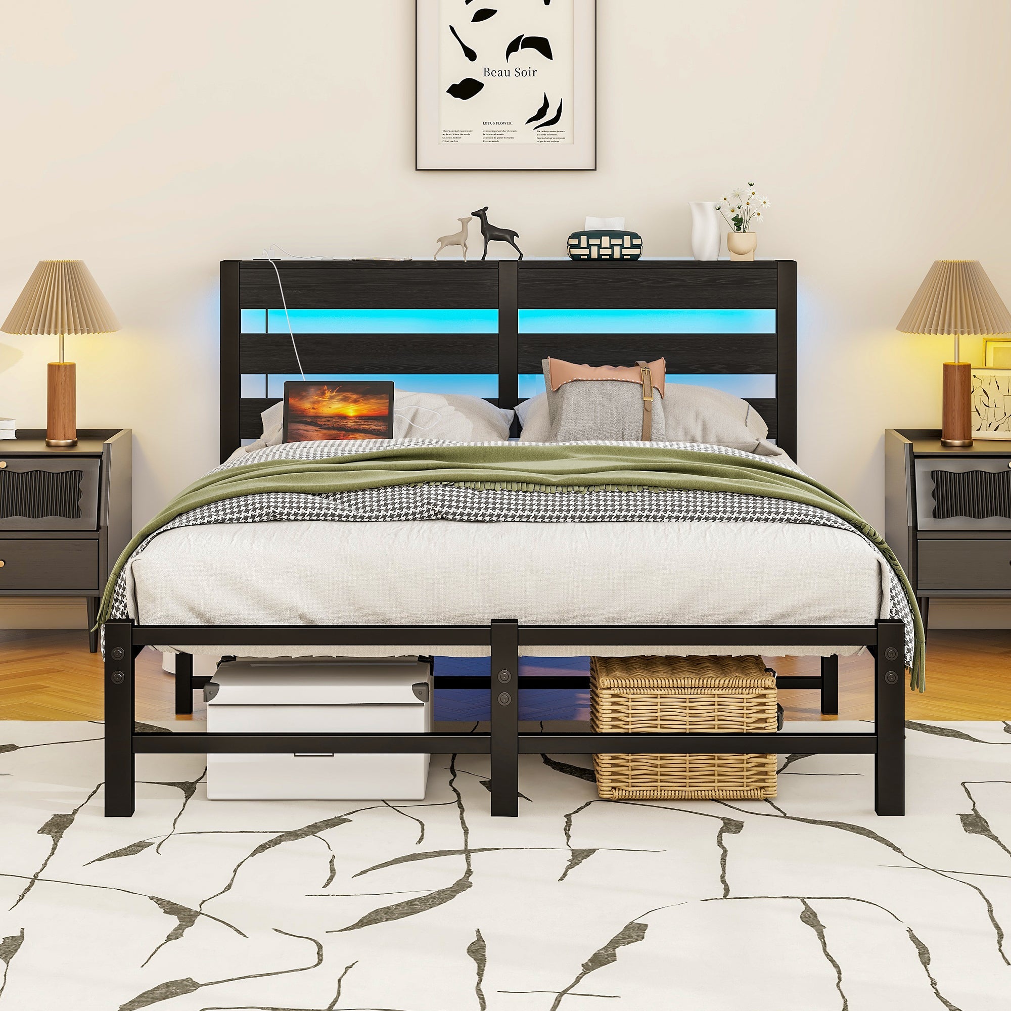 Metal Bed 120x200 LED USB Charging Under-Bed Storage - Metal