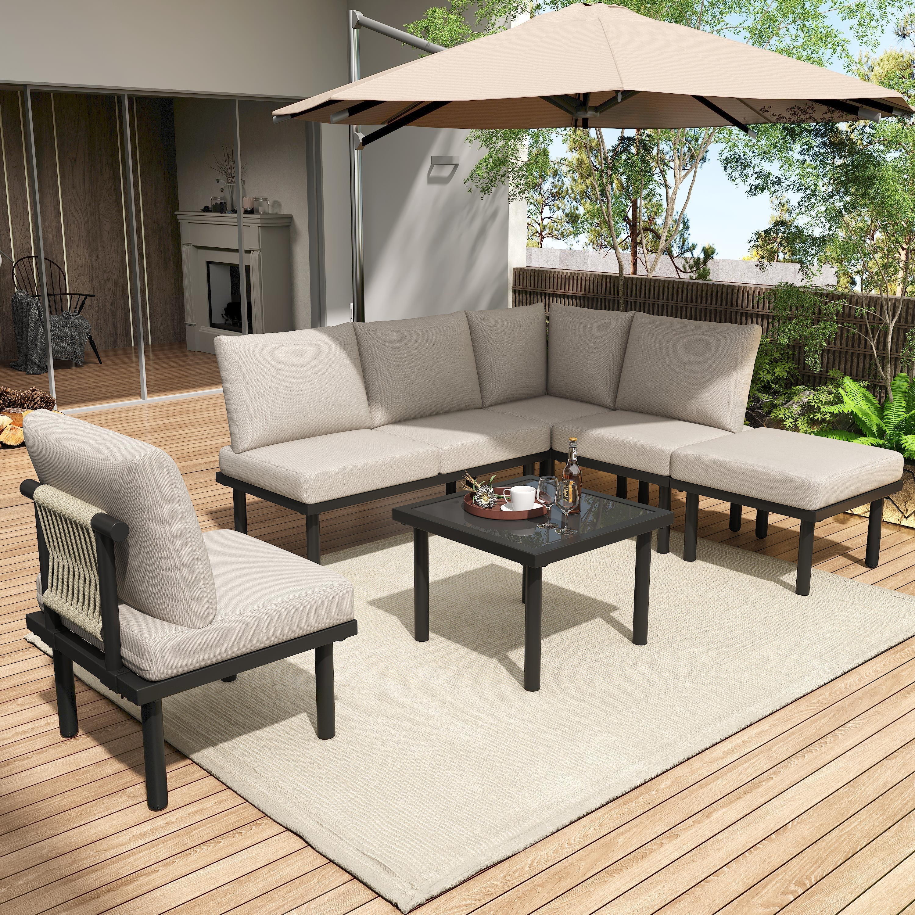 Garden Lounge Set with Galvanized Iron Frame, 6-Piece, Rope Furniture, Beige