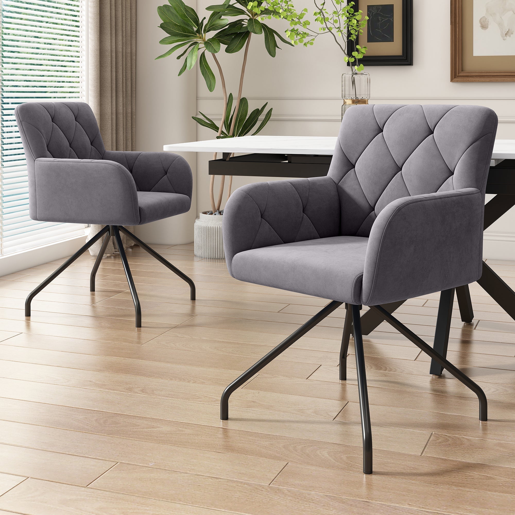 Set of 6 Dining Chairs with Diamond Pattern and Lumbar Support, Grey Velvet