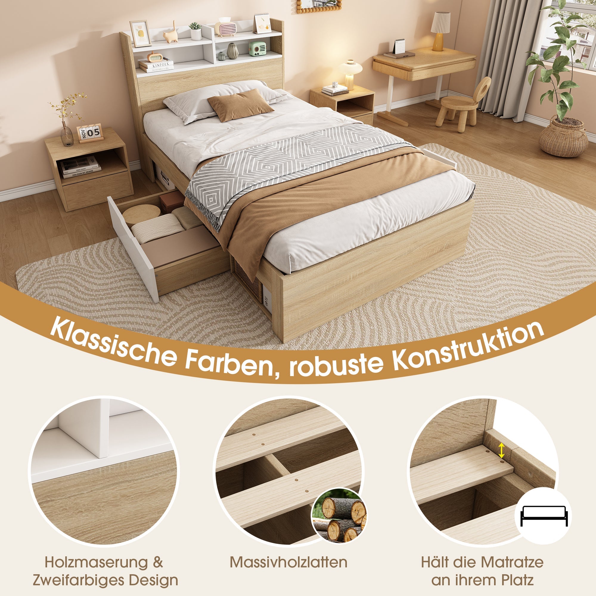 Wooden Single Bed with Headboard Shelf, 2 Drawers and Mattress, 90x200cm, White and Oak Solid Wood