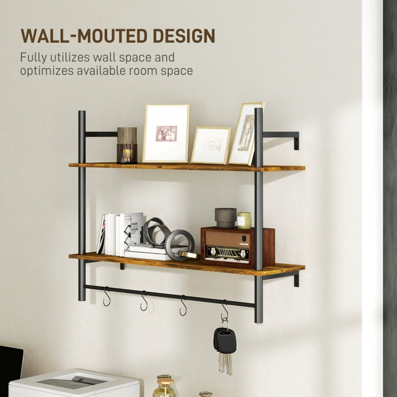 Wall Mounted Floating Shelves with 4 Hooks, Rustic Brown