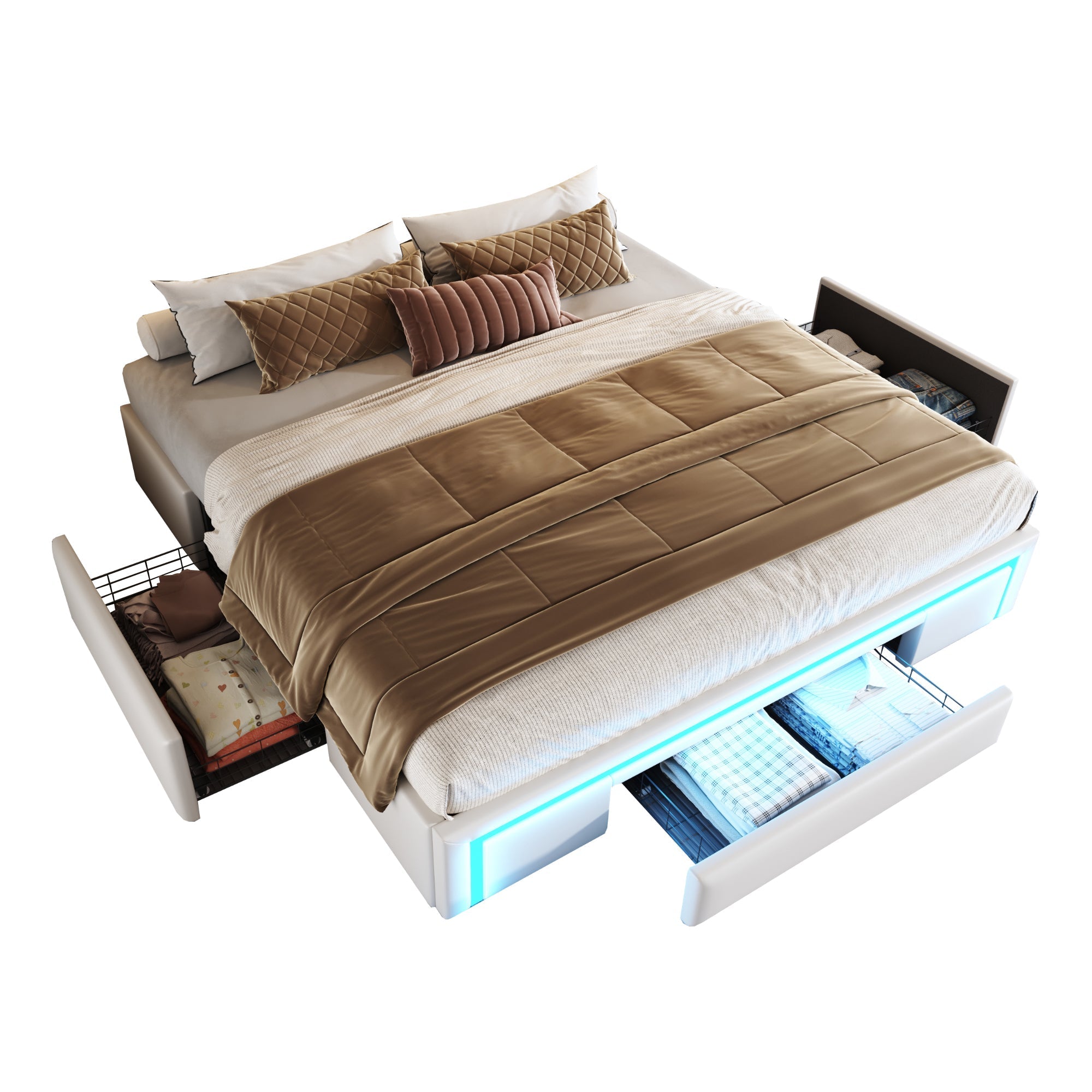 PU-Leder-Bettgestell mit Schubladen und LED-Beleuchtung, Beige/Grau