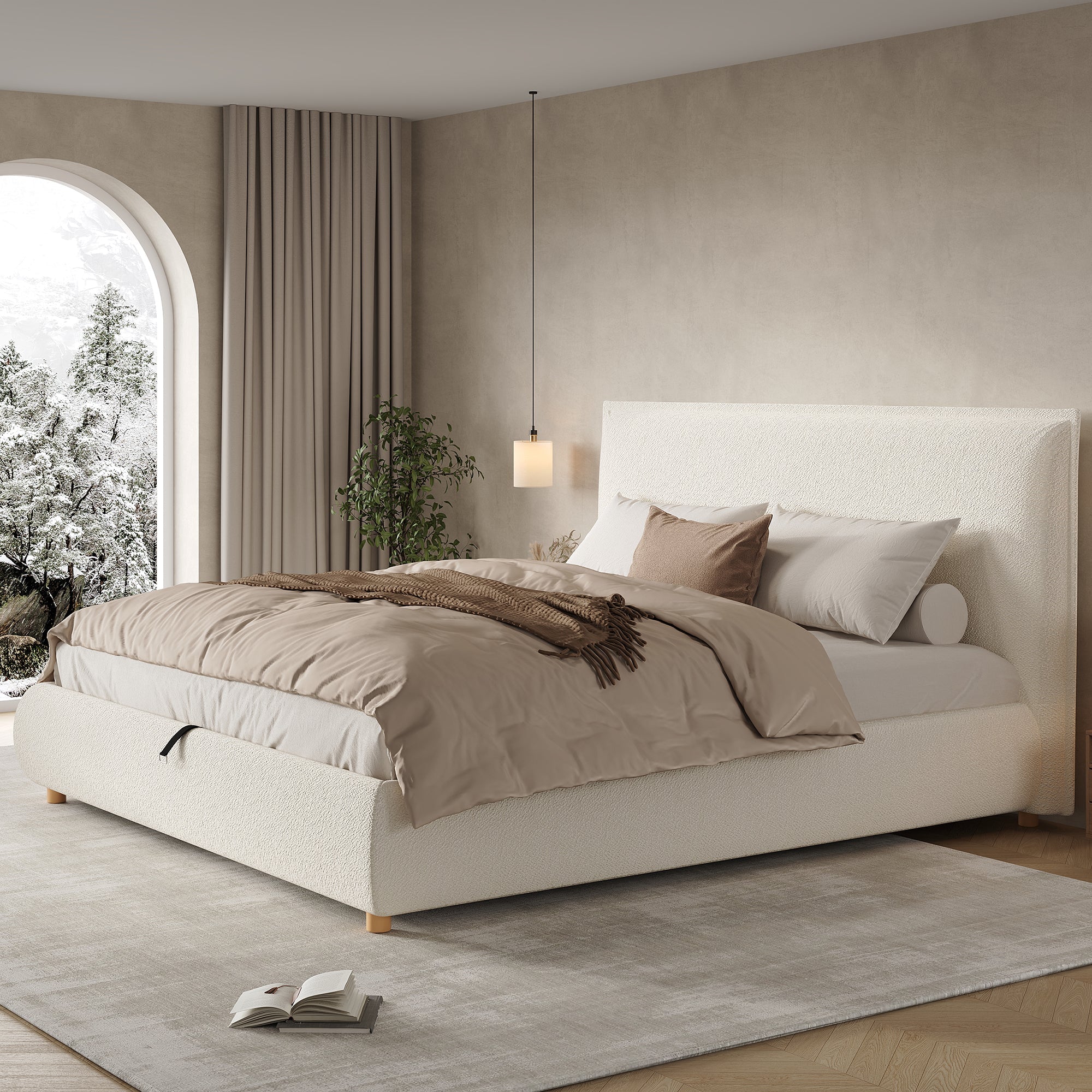Upholstered Double Bed, 180x200cm Hydraulic Storage Bed with Slatted Frame and Wood Legs, White Bouclé