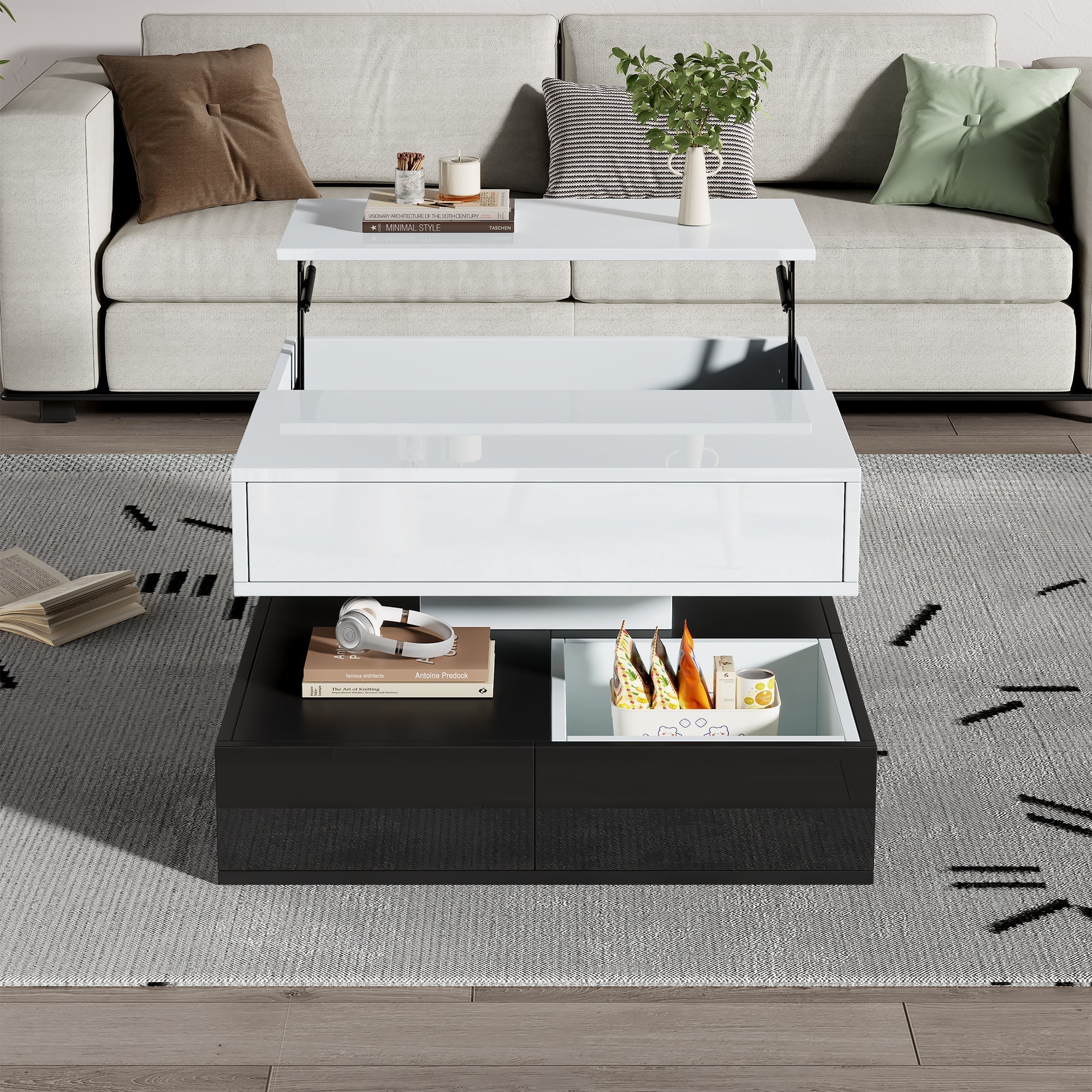Coffee Table, 360° Rotating Top, 3 Drawers, Liftable, White & Black