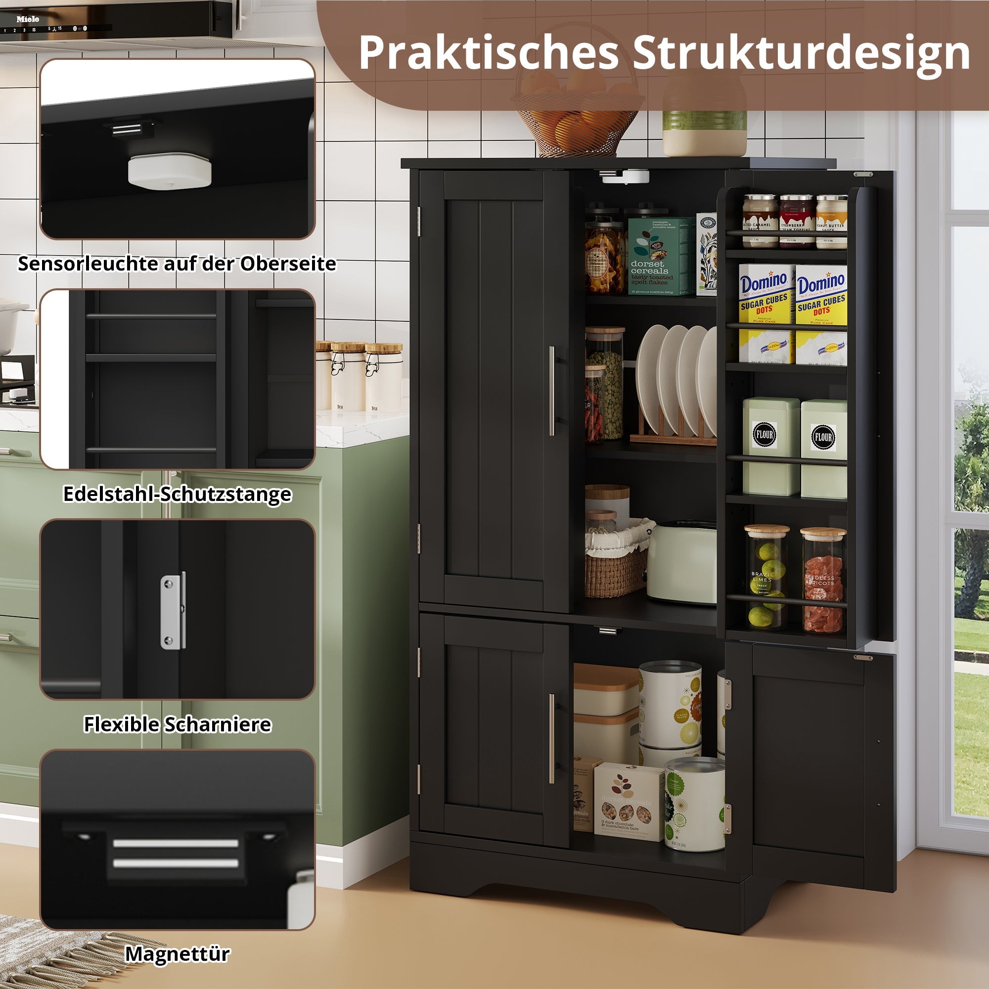 Kitchen Cabinet 4-Door Storage 120x60x40cm LED Sensor Light Black