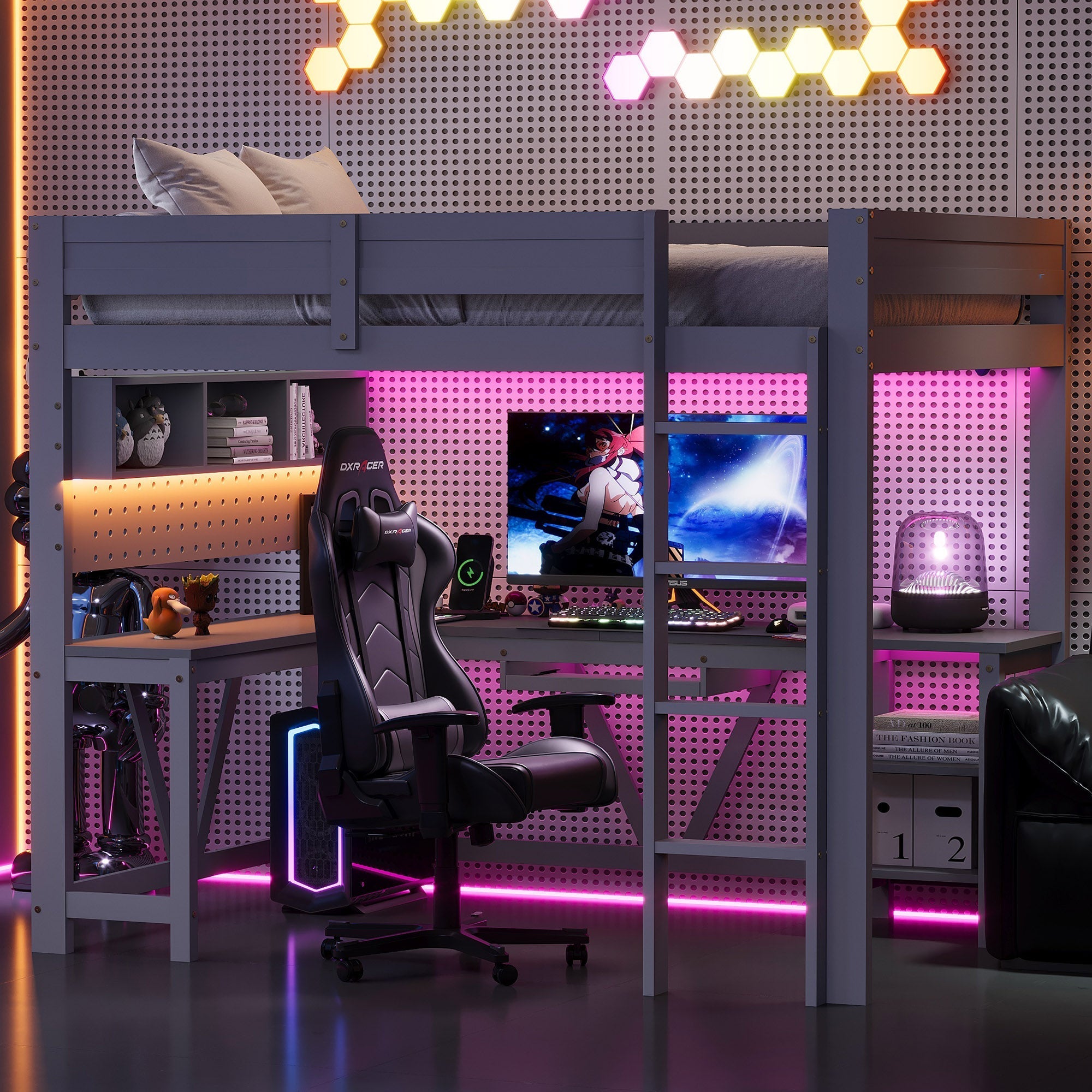 Gaming Loft Bed with Desk, LED Lighting and Charging Station, 90 x 200 cm, Grey Wood