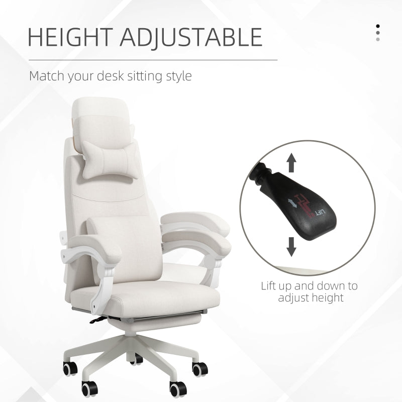 Linen-Look Office Chair 160° Reclining Back Footrest White